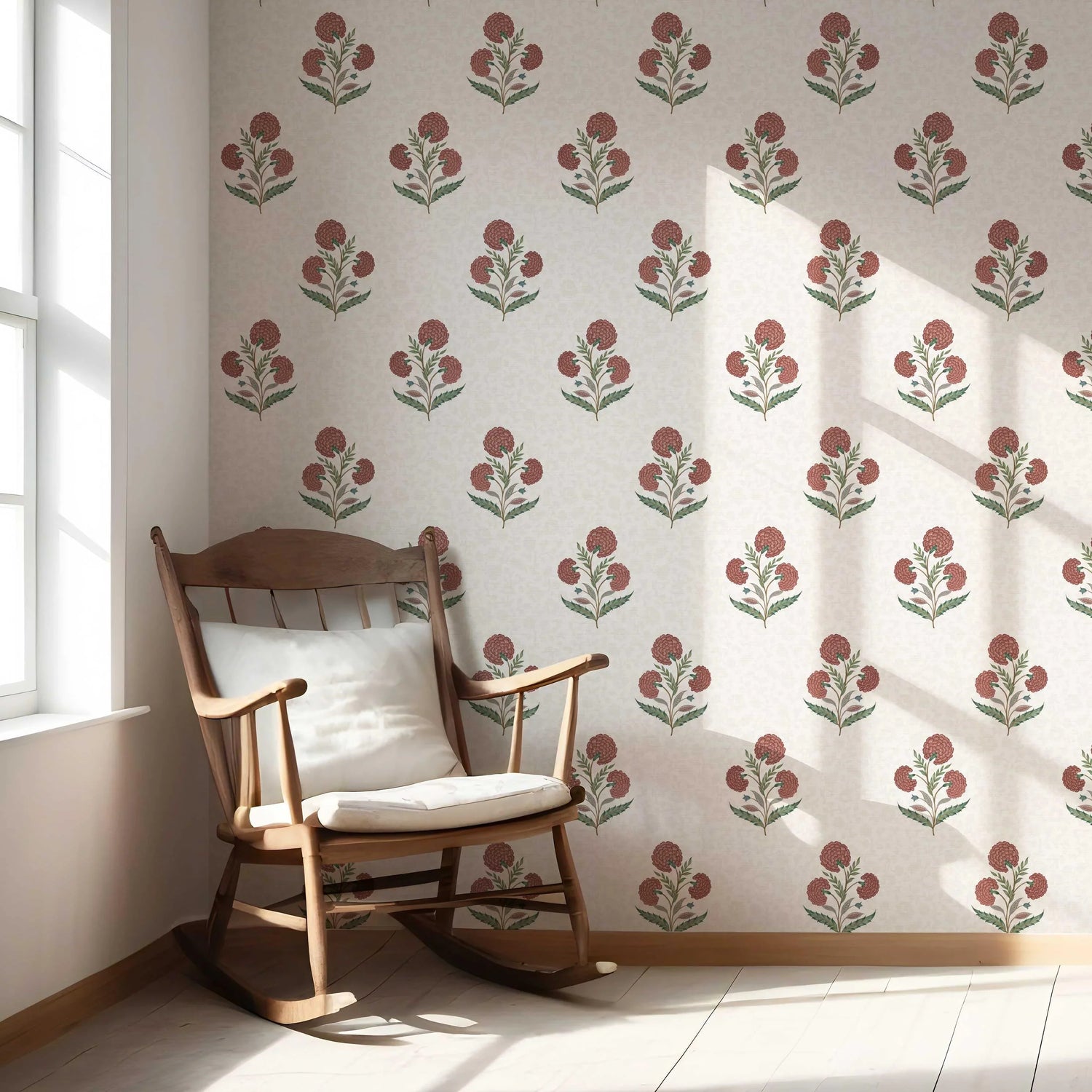 Floral Block Print Nursery Wallpaper (Red/ Green/ Soft Taupe)