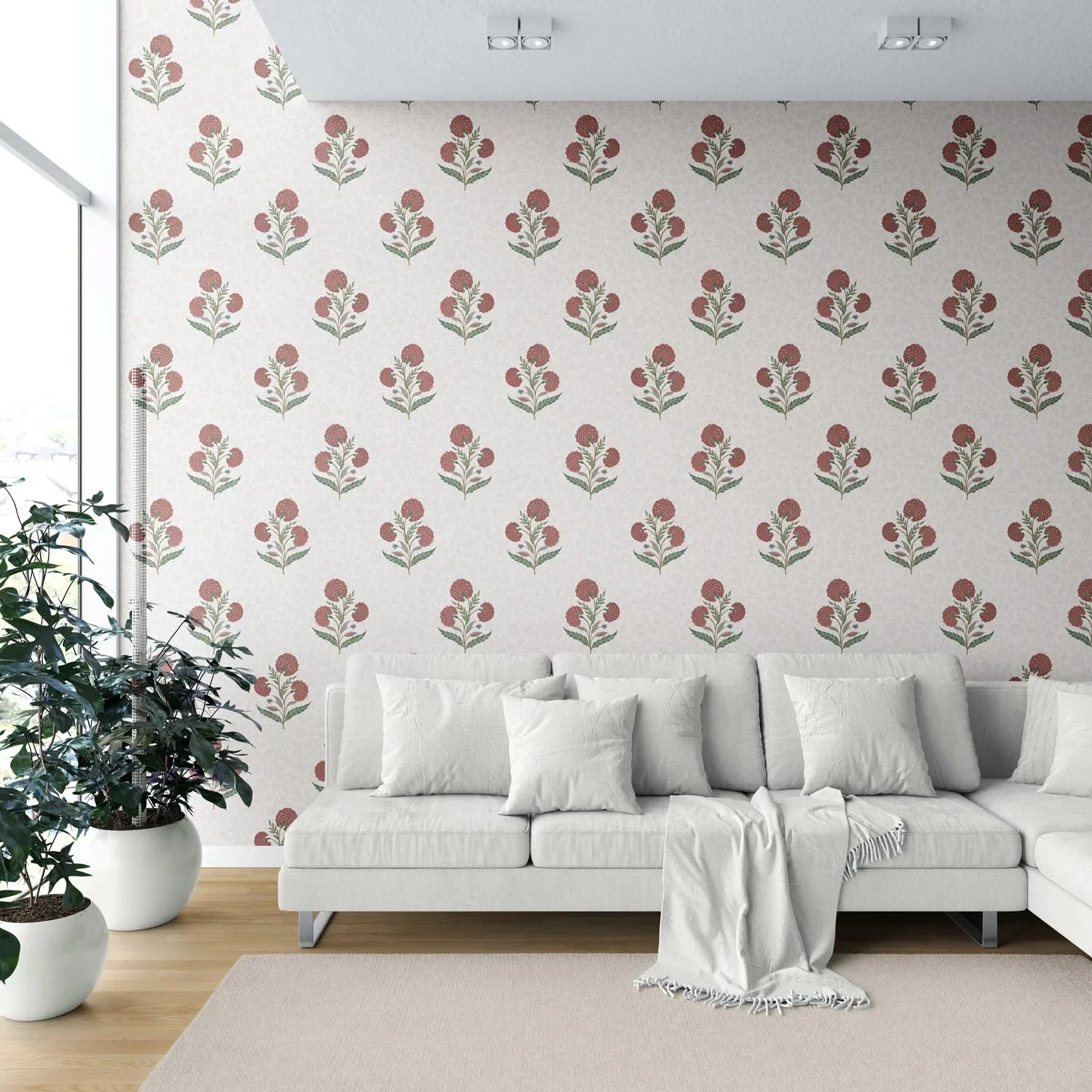 Floral Block Print Shower Toilet Wallpaper (Red/ Green/ Soft Taupe)