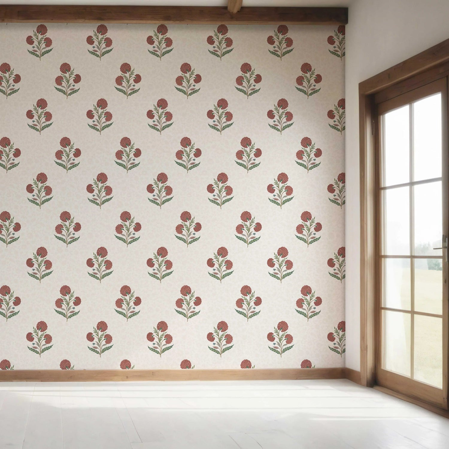 Floral Block Print Bedroom Wallpaper (Red/ Green/ Soft Taupe)