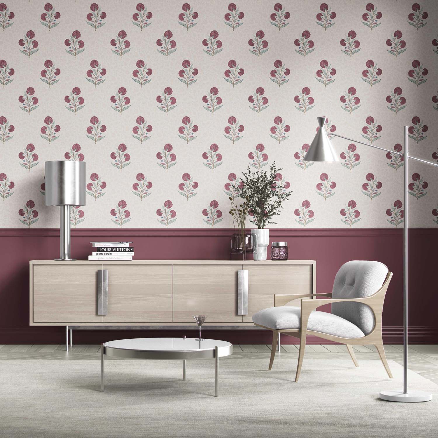 Floral Block Print Kitchen Wallpaper (Deep Pink/ Green/ Soft Taupe)
