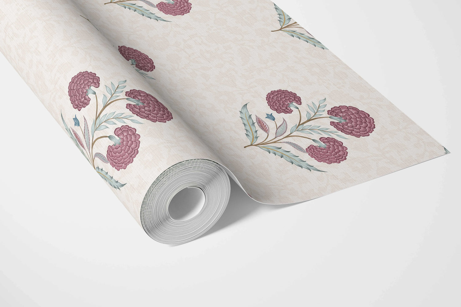 Floral Block Print Bathroom Wallpaper (Deep Pink/ Green/ Soft Taupe)