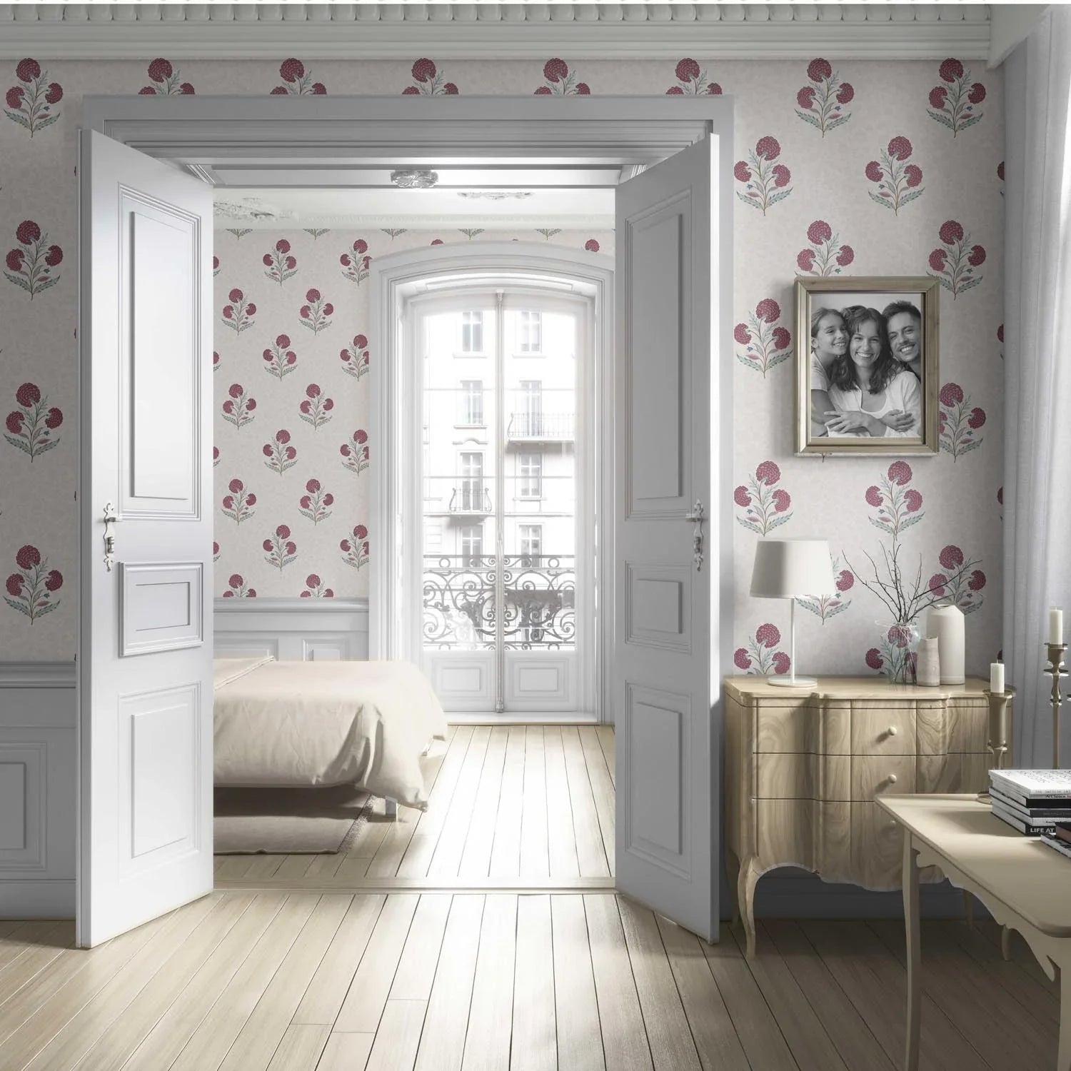 Floral Block Print Living Room Wallpaper (Deep Pink/ Green/ Soft Taupe)