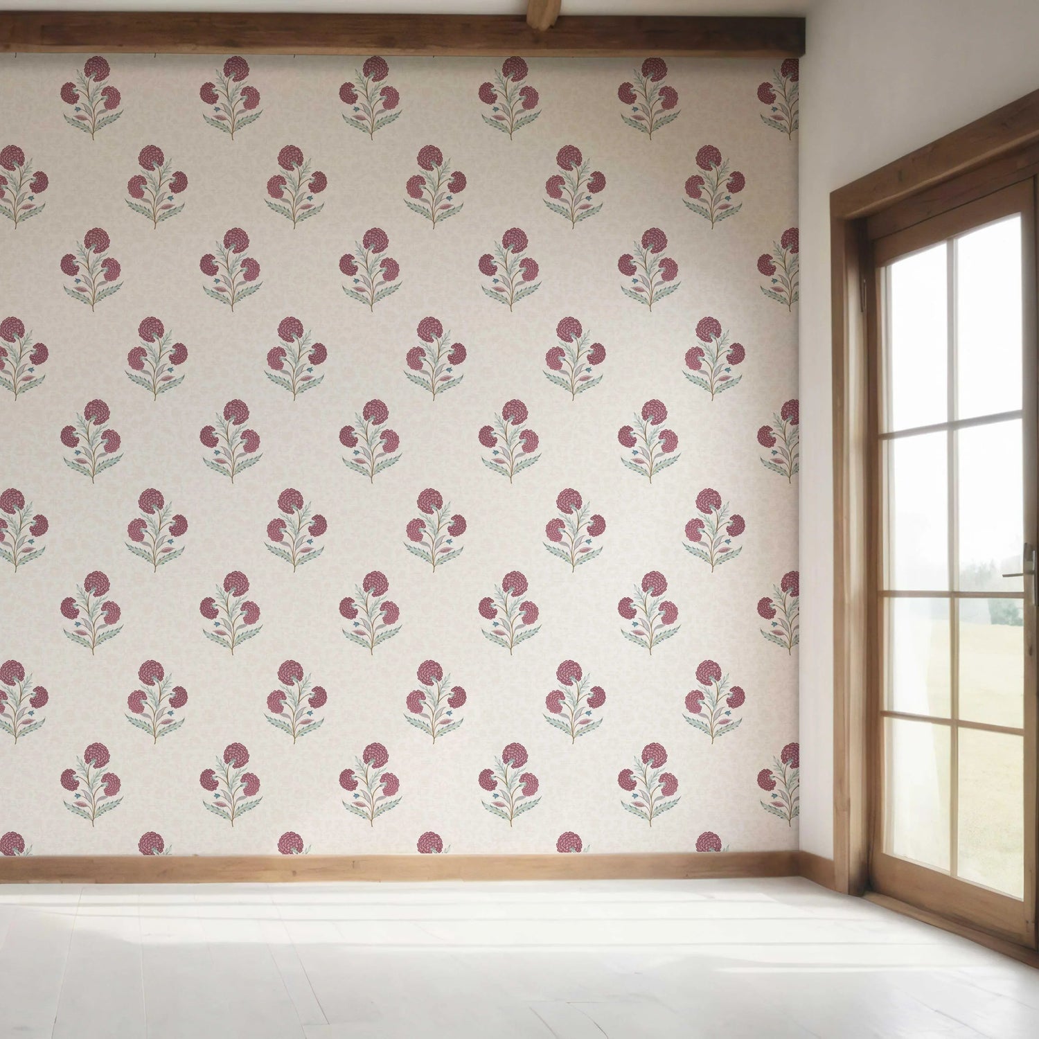 Floral Block Print Bedroom Wallpaper (Deep Pink/ Green/ Soft Taupe)