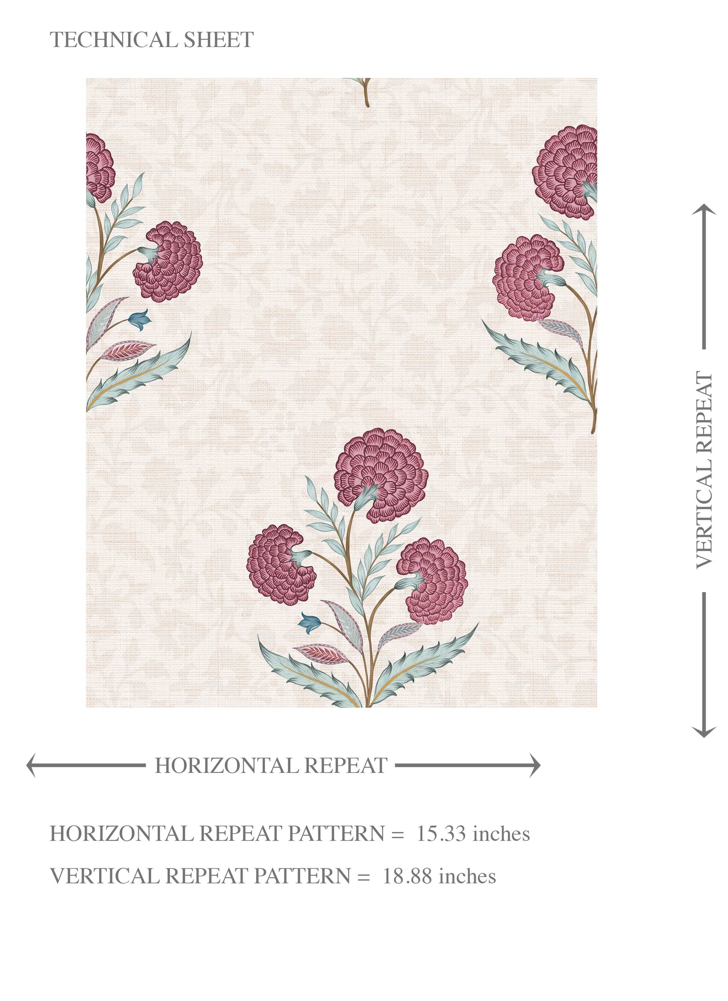 Floral Block Print Kids Room Wallpaper (Deep Pink/ Green/ Soft Taupe)