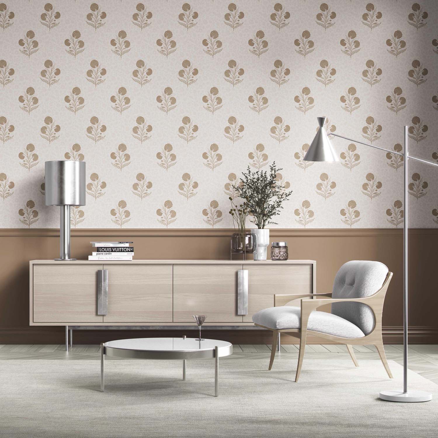 Neutral Floral Block Print Kitchen Wallpaper (Beige/ Brown/ Soft Taupe)