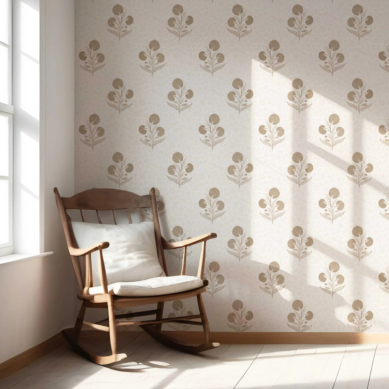 Neutral Floral Block Print Nursery Wallpaper (Beige/ Brown/ Soft Taupe)