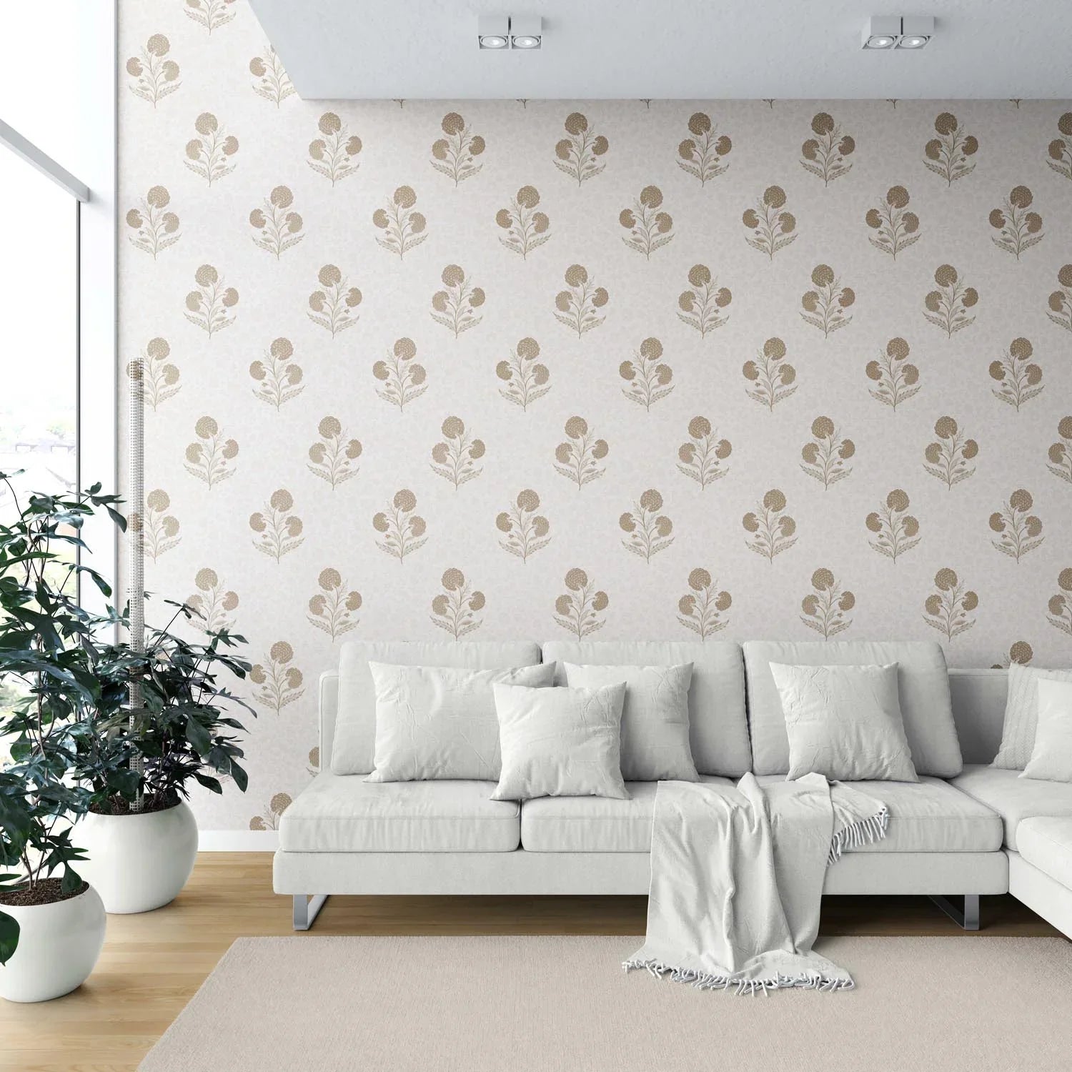 Neutral Floral Block Print Shower Toilet Wallpaper (Beige/ Brown/ Soft Taupe)
