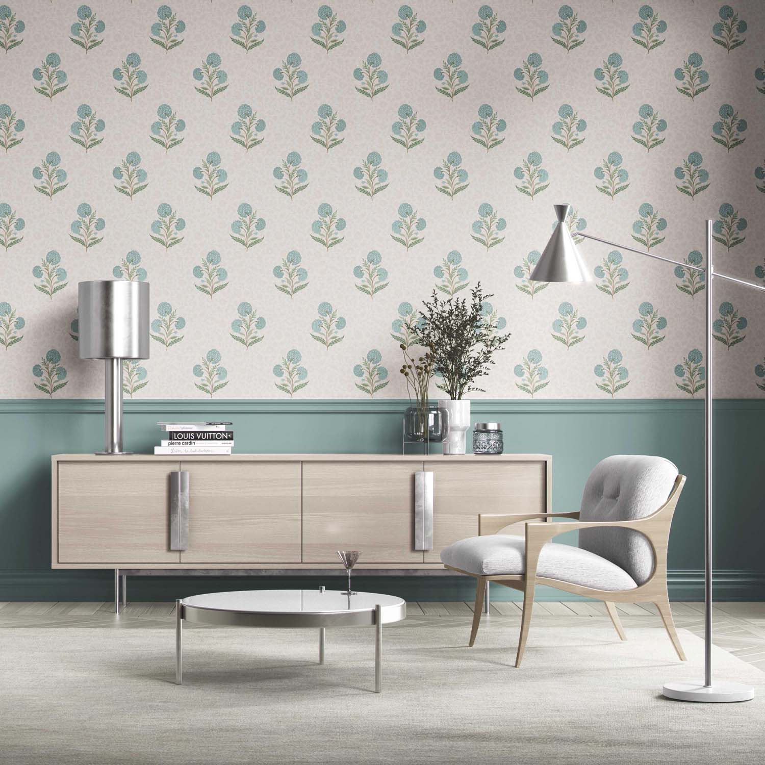 Floral Block Print Kitchen Wallpaper (Duck Egg Blue/ Green/ Soft Taupe)