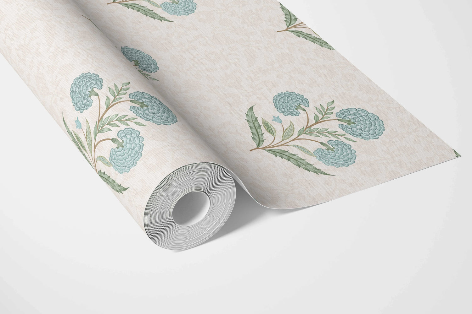 Floral Block Print Bathroom Wallpaper (Duck Egg Blue/ Green/ Soft Taupe)