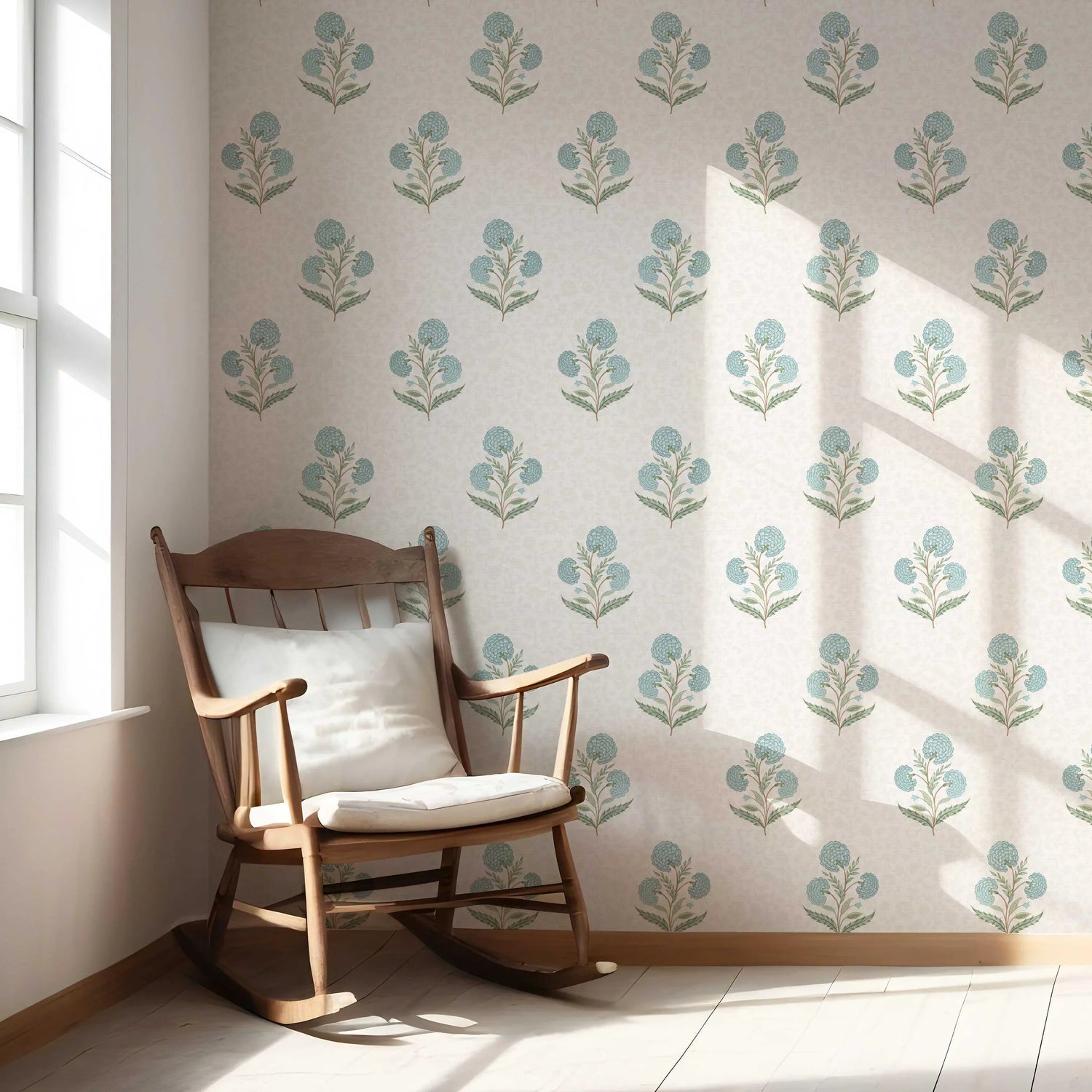 Floral Block Print Nursery Wallpaper (Duck Egg Blue/ Green/ Soft Taupe)