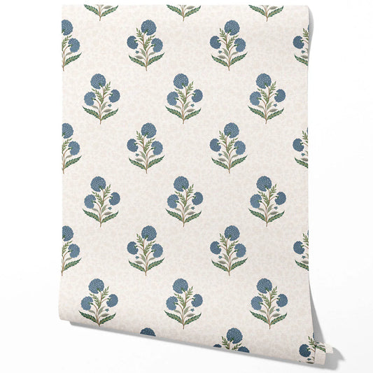 Floral Block Print Traditional Wallpaper (Blue/ Green/ Soft Taupe)