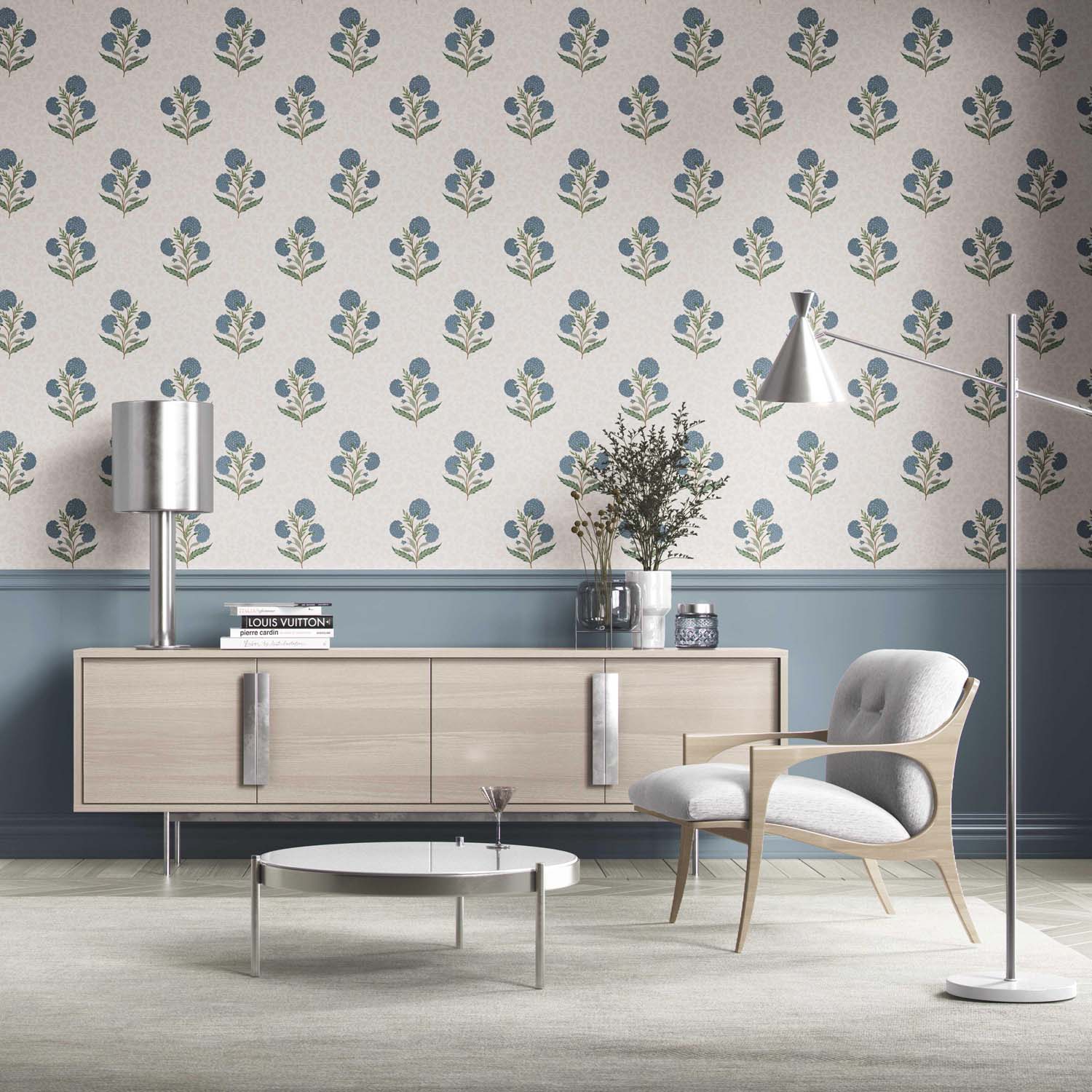 Floral Block Print Kitchen Wallpaper (Blue/ Green/ Soft Taupe)