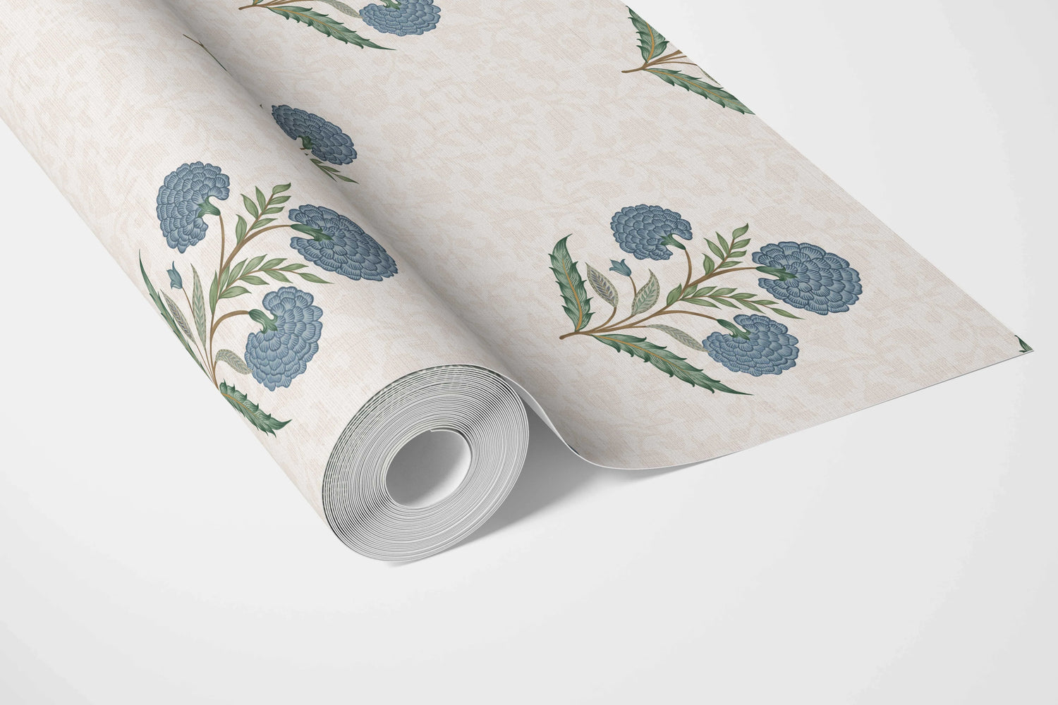 Floral Block Print Bathroom Wallpaper (Blue/ Green/ Soft Taupe)