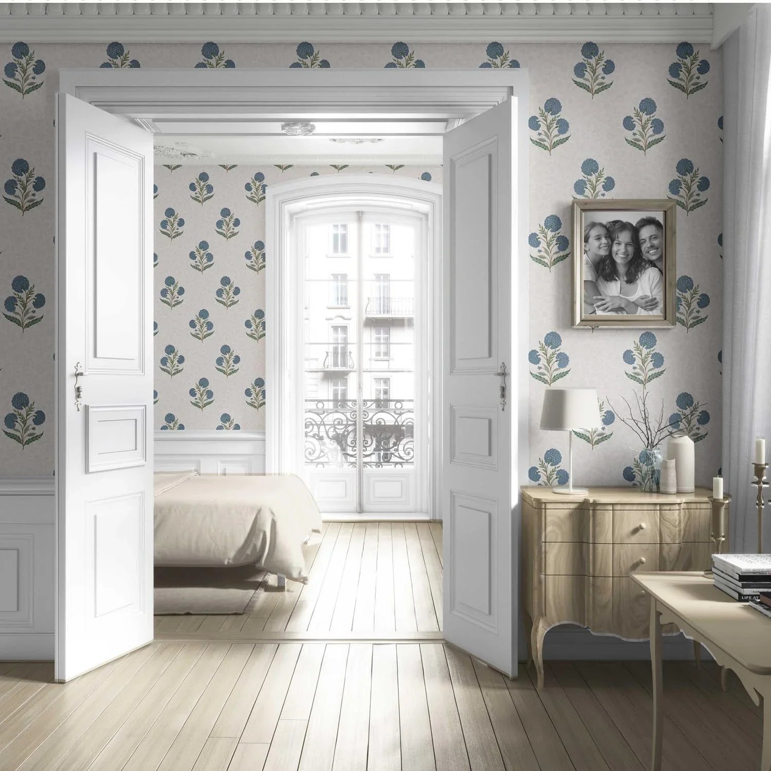 Floral Block Print Living Room Wallpaper (Blue/ Green/ Soft Taupe)