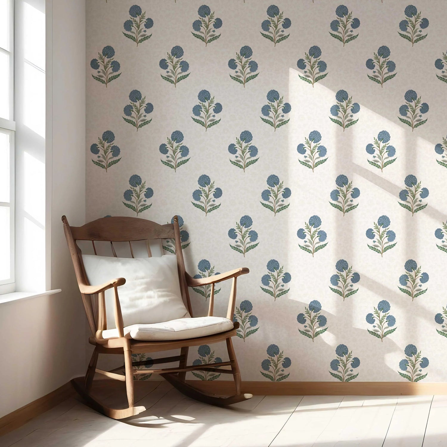 Floral Block Print Nursery Wallpaper (Blue/ Green/ Soft Taupe)