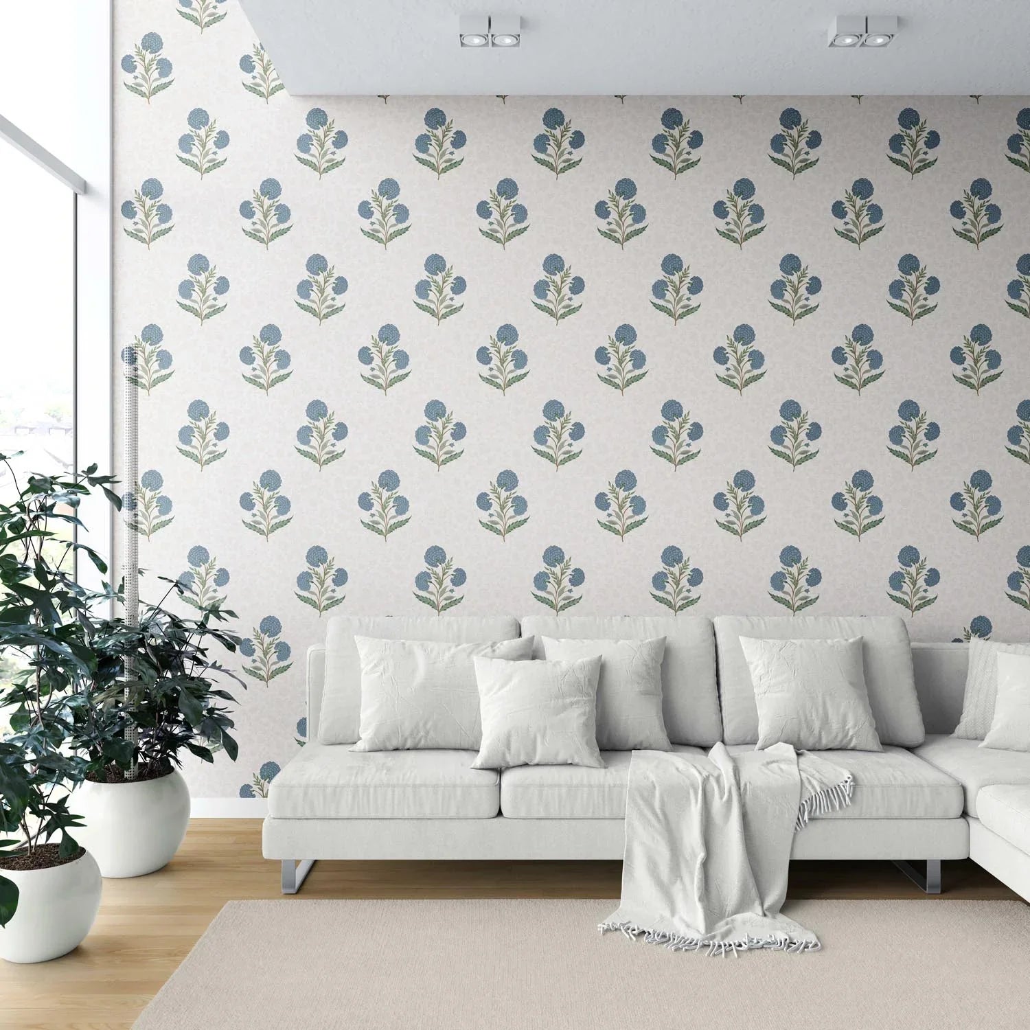 Floral Block Print Shower Toilet Wallpaper (Blue/ Green/ Soft Taupe)