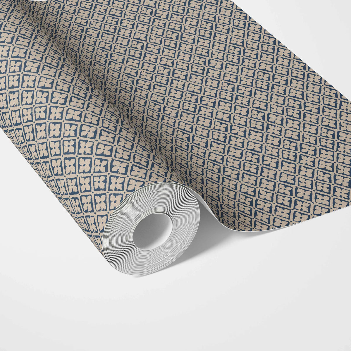 Small Floral Lattice/ Geometric Micro-Print Kitchen Wallpaper (Navy Blue/ Beige)