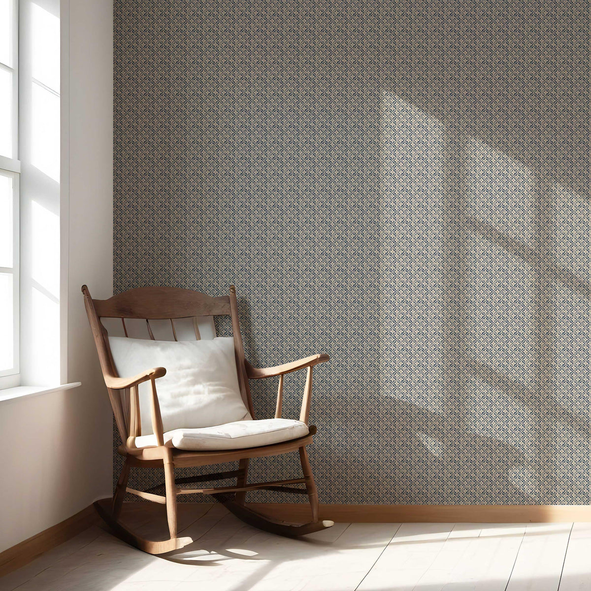 Small Floral Lattice/ Geometric Micro-Print Bathroom Wallpaper (Navy Blue/ Beige)