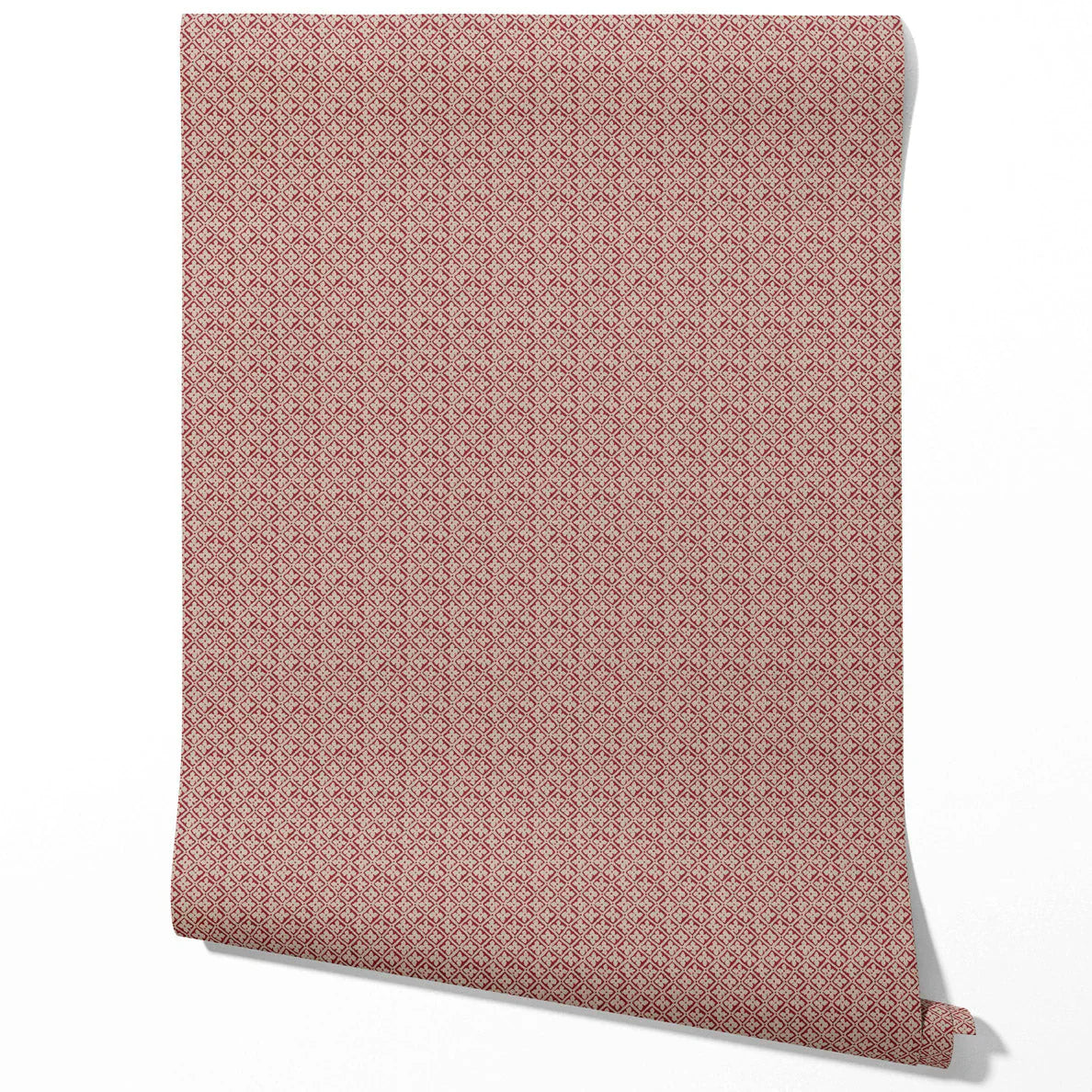 Small Floral Lattice/ Geometric Micro-Print Traditional Wallpaper (Deep Red/ Maroon/ Beige)