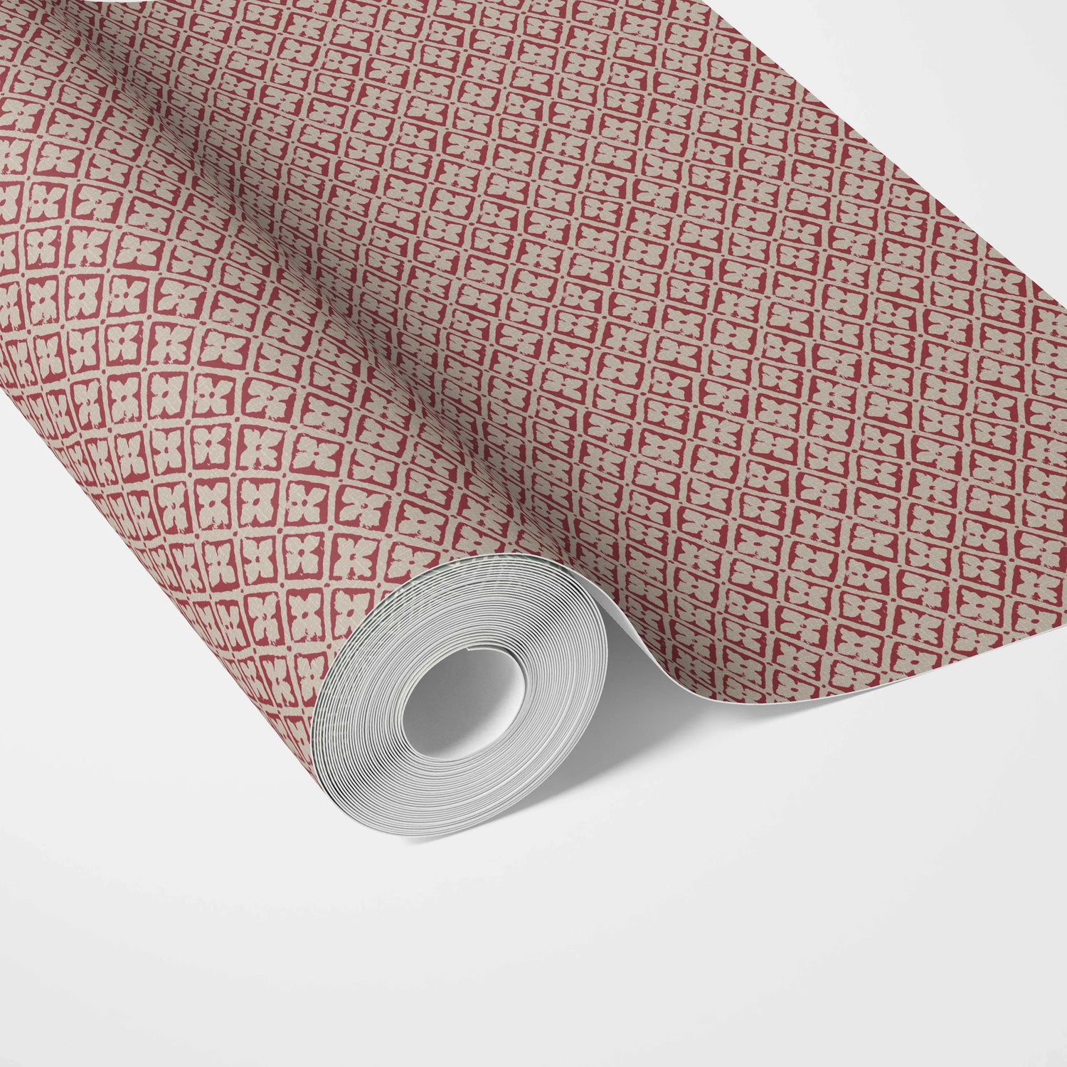 Small Floral Lattice/ Geometric Micro-Print Kitchen Wallpaper (Deep Red/ Maroon/ Beige)