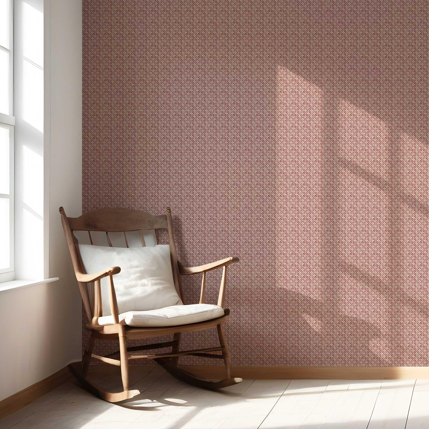 Small Floral Lattice/ Geometric Micro-Print Bathroom Wallpaper (Deep Red/ Maroon/ Beige)