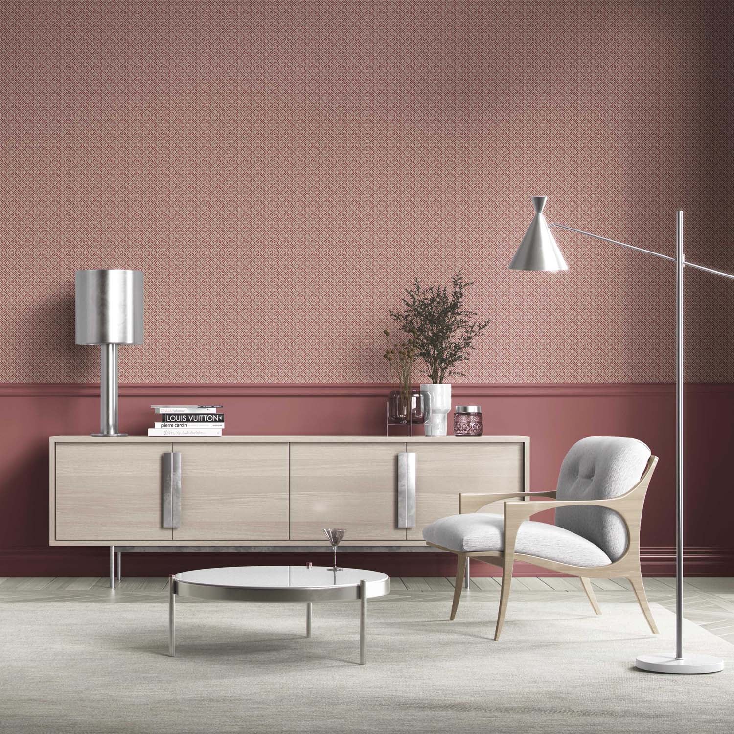 Small Floral Lattice/ Geometric Micro-Print Living Room Wallpaper (Deep Red/ Maroon/ Beige)