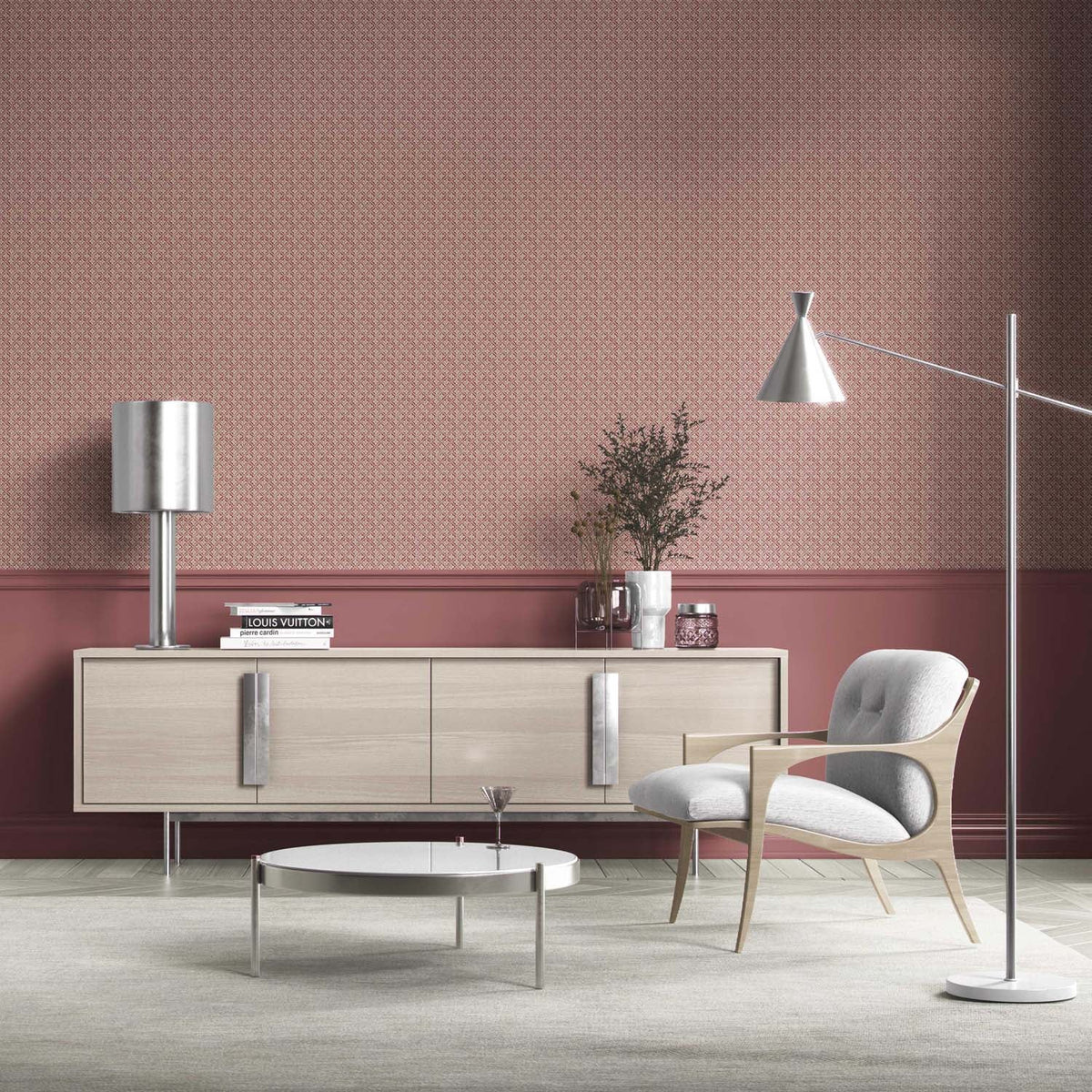 Small Floral Lattice/ Geometric Micro-Print Living Room Wallpaper (Deep Red/ Maroon/ Beige)