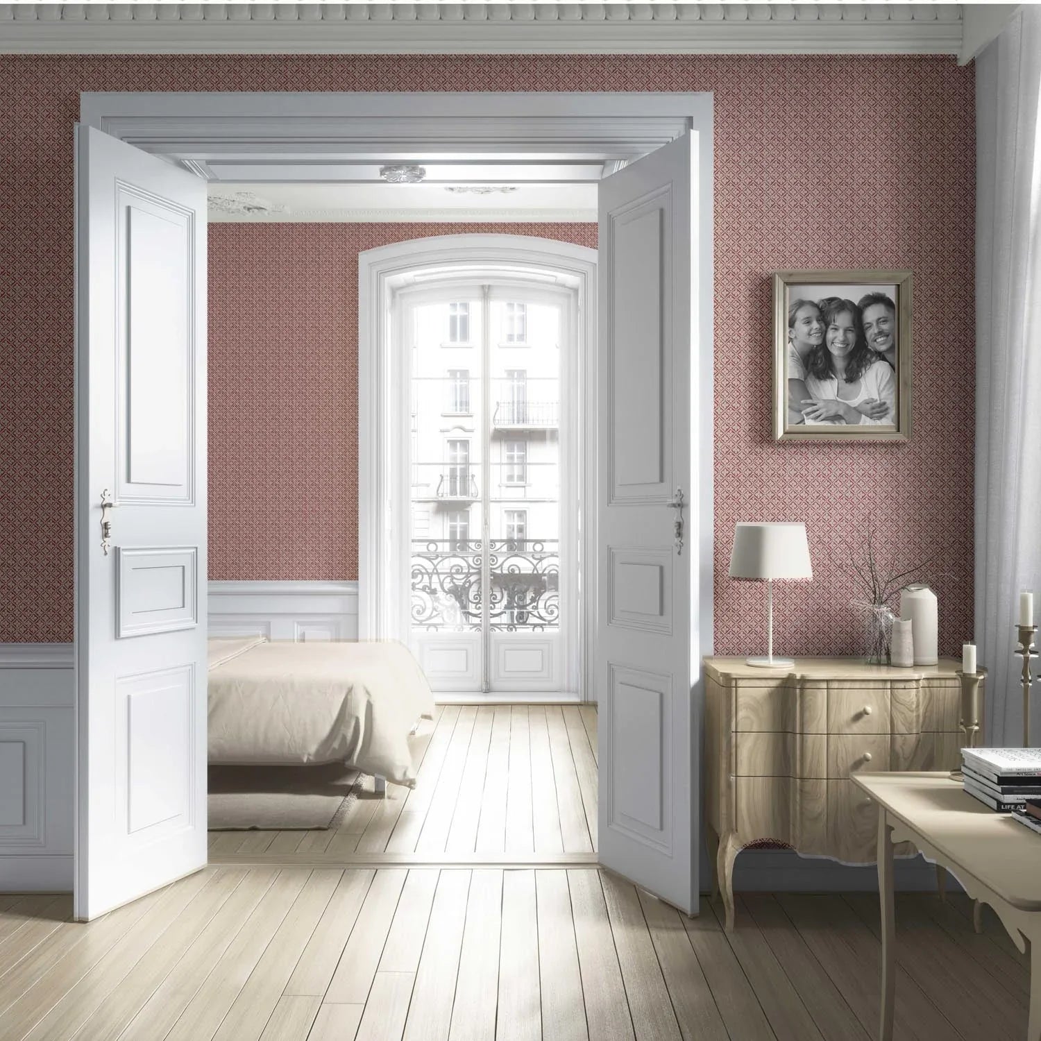 Small Floral Lattice/ Geometric Micro-Print Nursery Wallpaper (Deep Red/ Maroon/ Beige)