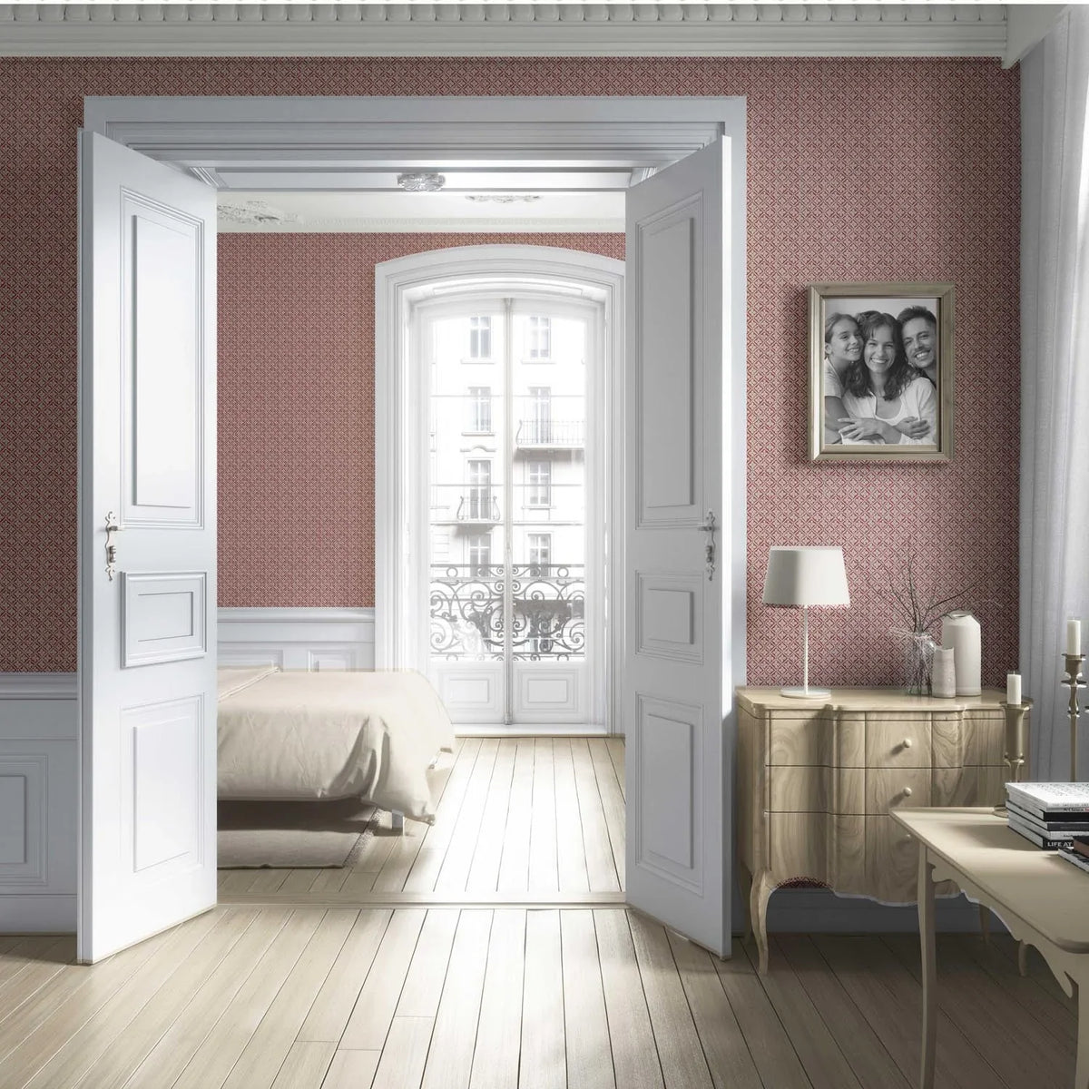 Small Floral Lattice/ Geometric Micro-Print Nursery Wallpaper (Deep Red/ Maroon/ Beige)