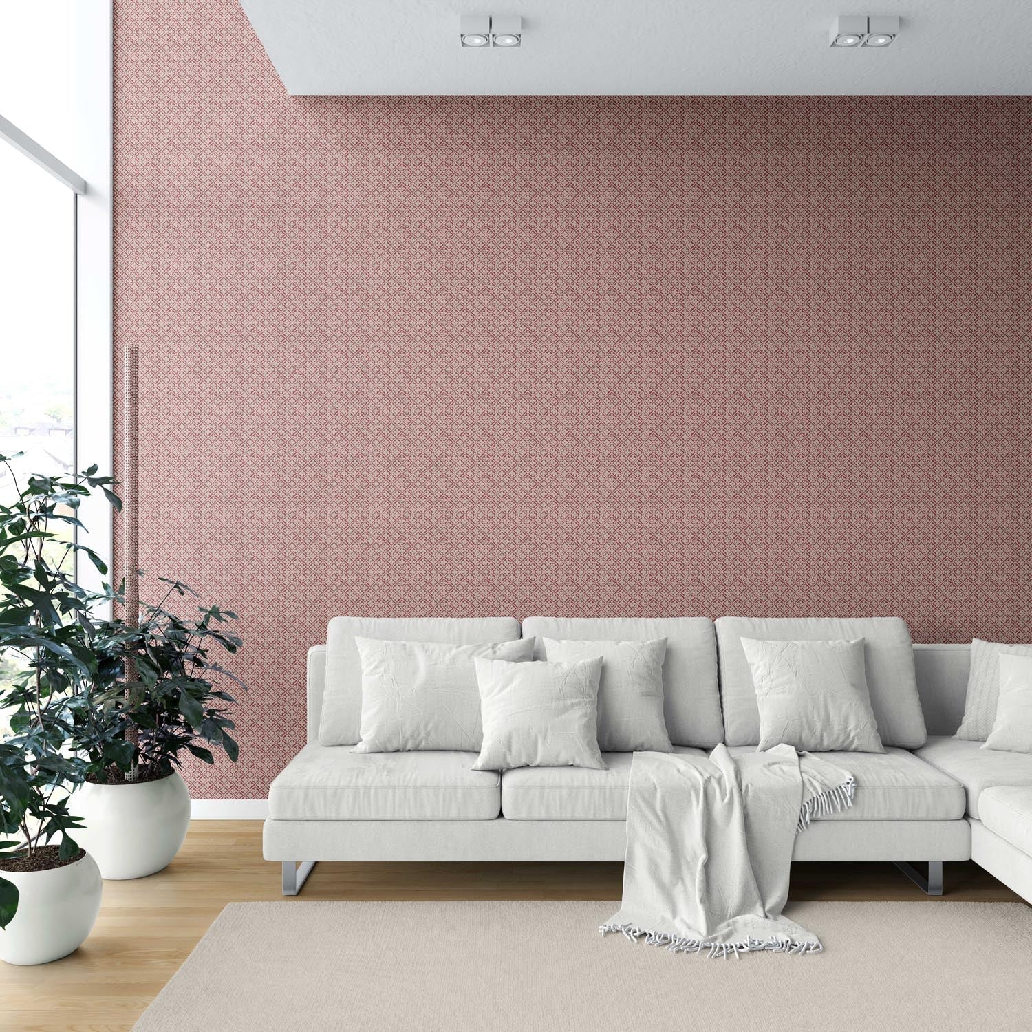 Small Floral Lattice/ Geometric Micro-Print Shower Toilet Wallpaper (Deep Red/ Maroon/ Beige)