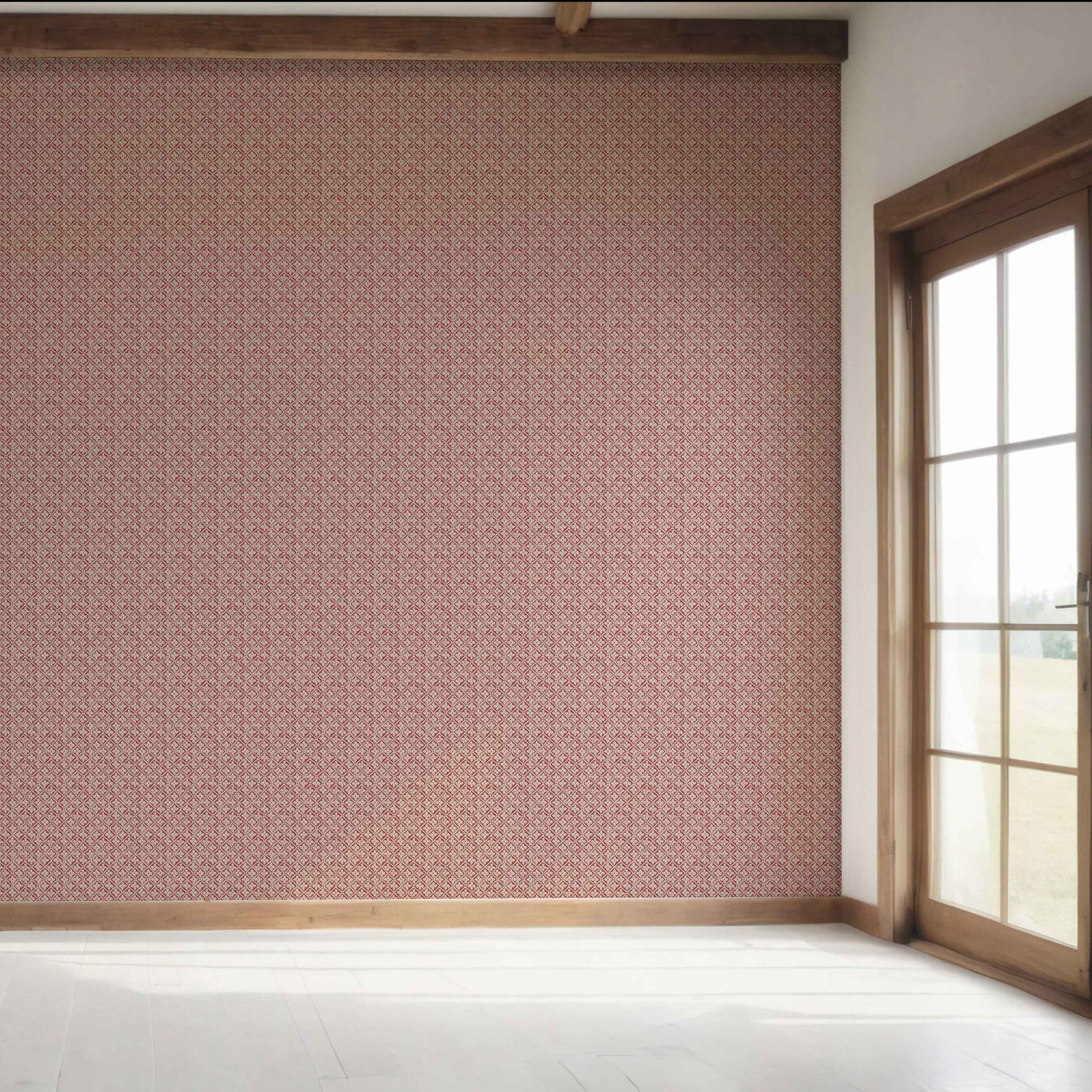 Small Floral Lattice/ Geometric Micro-Print Bedroom Wallpaper (Deep Red/ Maroon/ Beige)