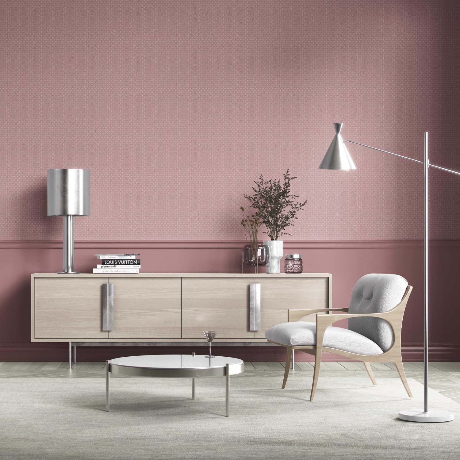 Small Floral Lattice/ Geometric Textured Kitchen Wallpaper (Muted Pink)