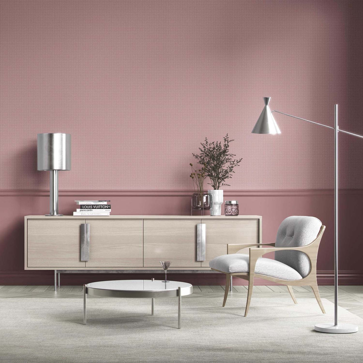Small Floral Lattice/ Geometric Textured Kitchen Wallpaper (Muted Pink)