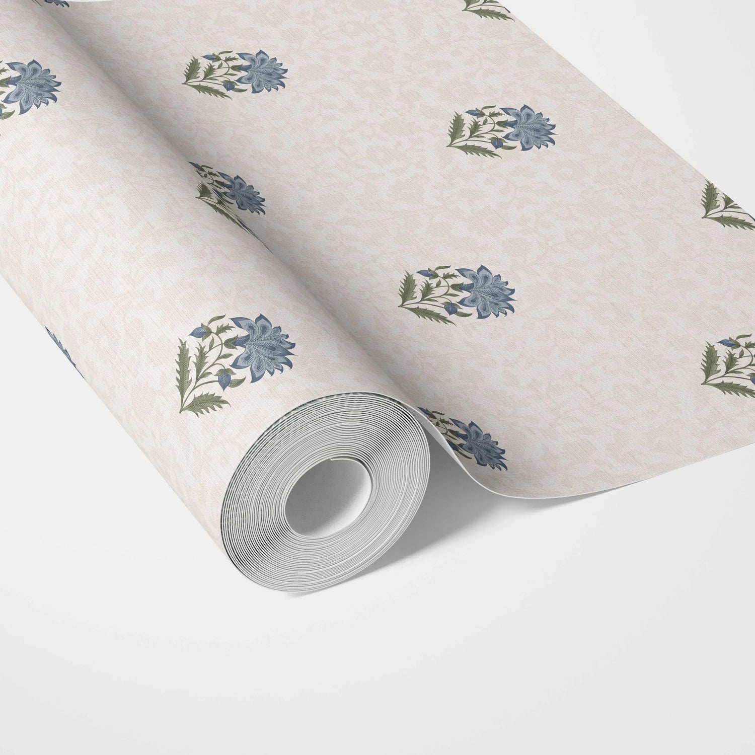 Botanical/ Floral Block Print Kitchen Wallpaper (Blue/ Green/ Taupe)