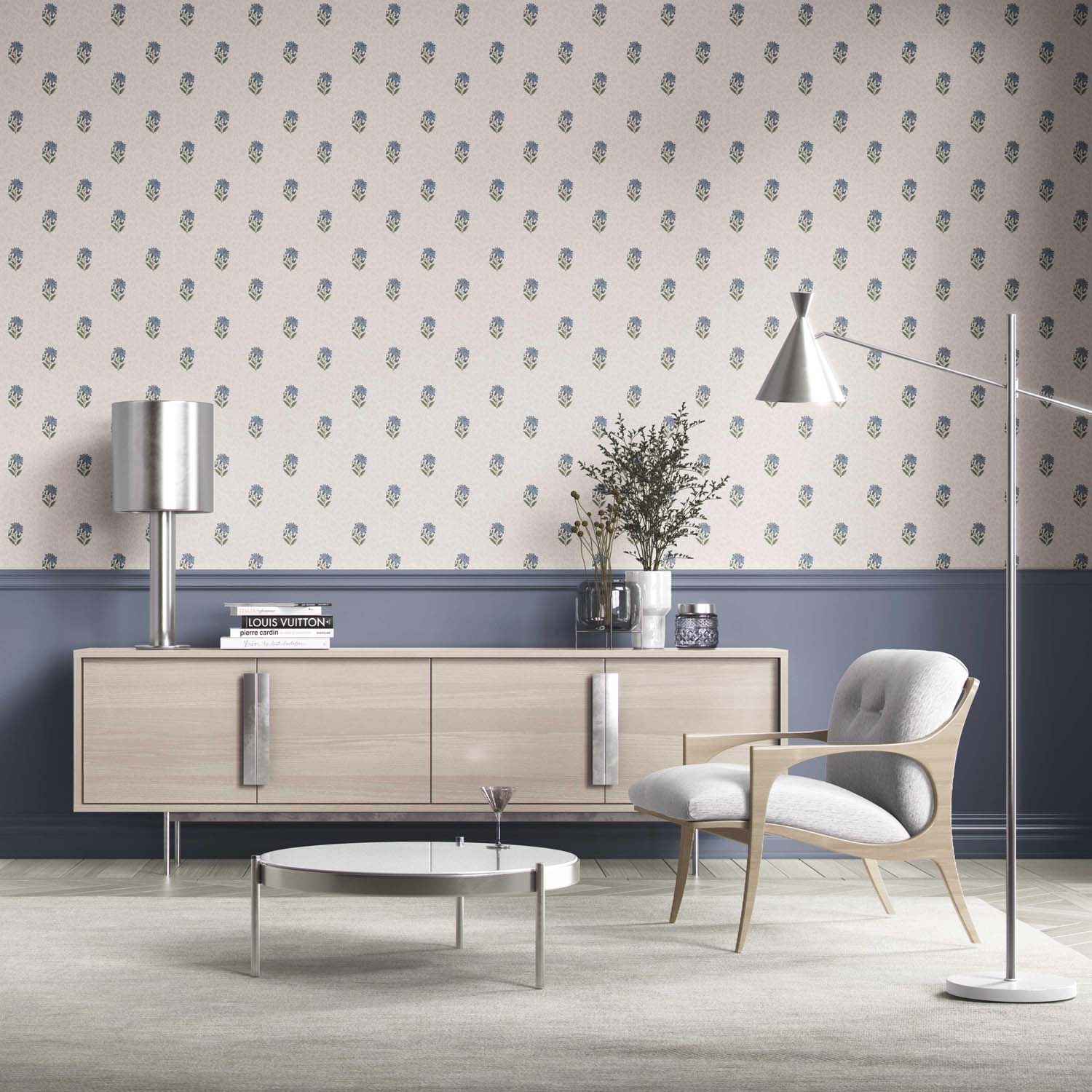 Botanical/ Floral Block Print Bathroom Wallpaper (Blue/ Green/ Taupe)