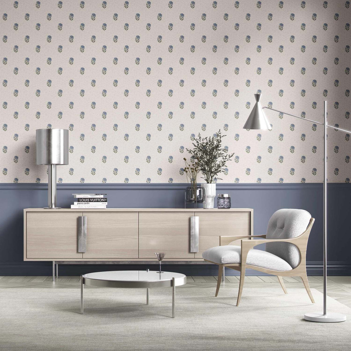 Botanical/ Floral Block Print Bathroom Wallpaper (Blue/ Green/ Taupe)