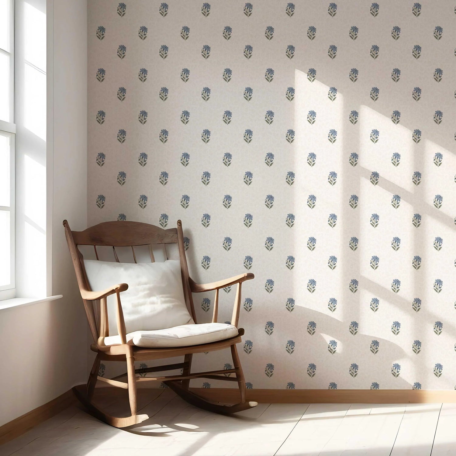 Botanical/ Floral Block Print Nursery Wallpaper (Blue/ Green/ Taupe)