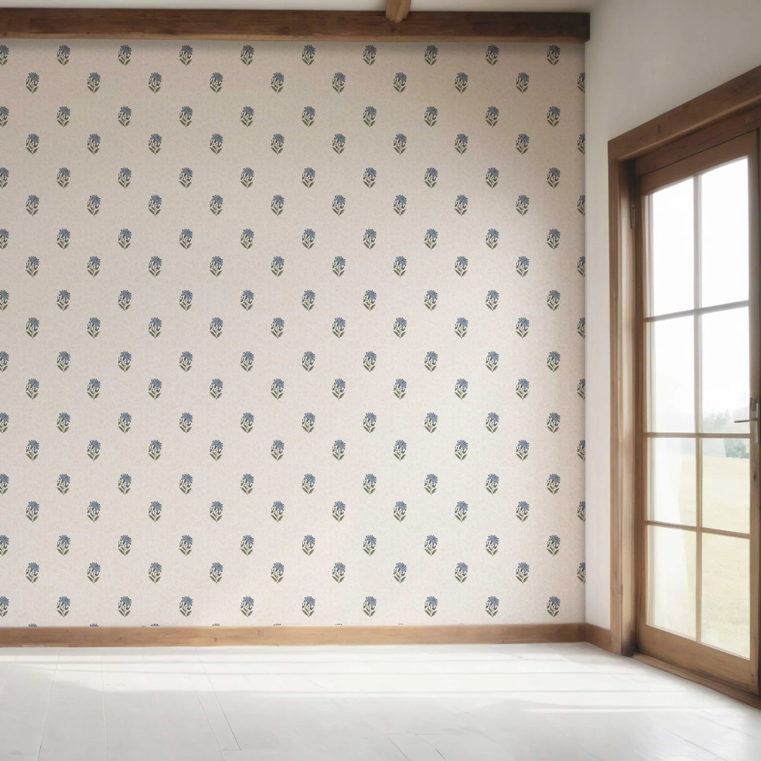 Botanical/ Floral Block Print Bedroom Wallpaper (Blue/ Green/ Taupe)