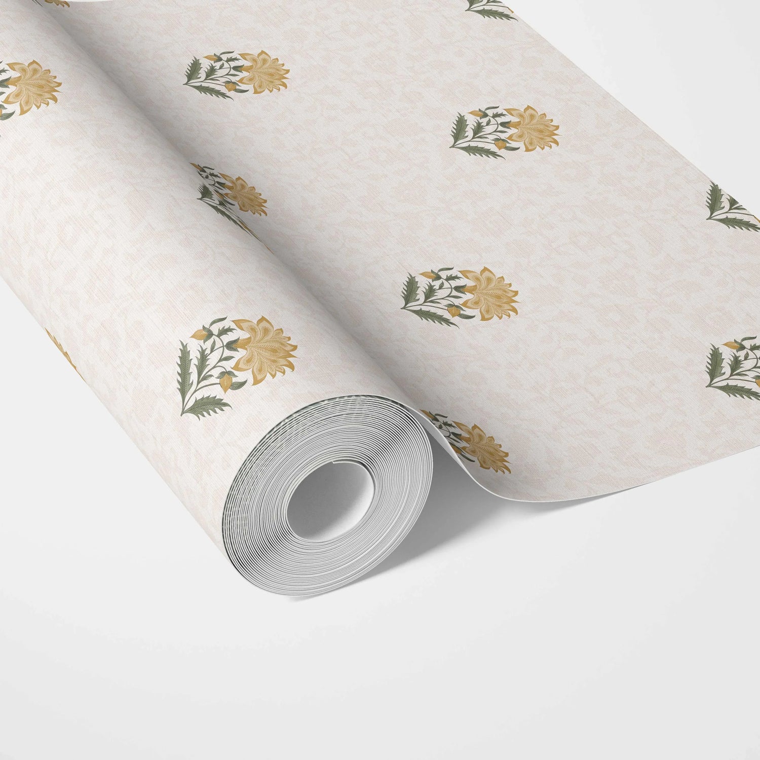 Botanical/ Floral Block Print Kitchen Wallpaper (Yellow/ Green/ Taupe)