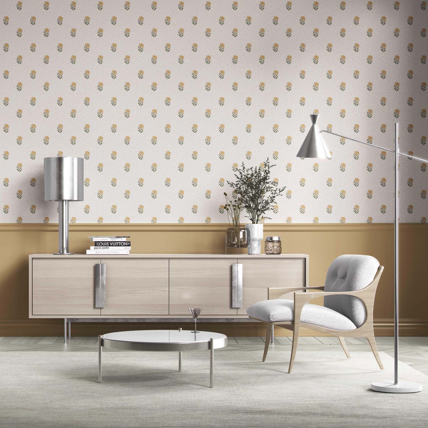 Botanical/ Floral Block Print Bathroom Wallpaper (Yellow/ Green/ Taupe)