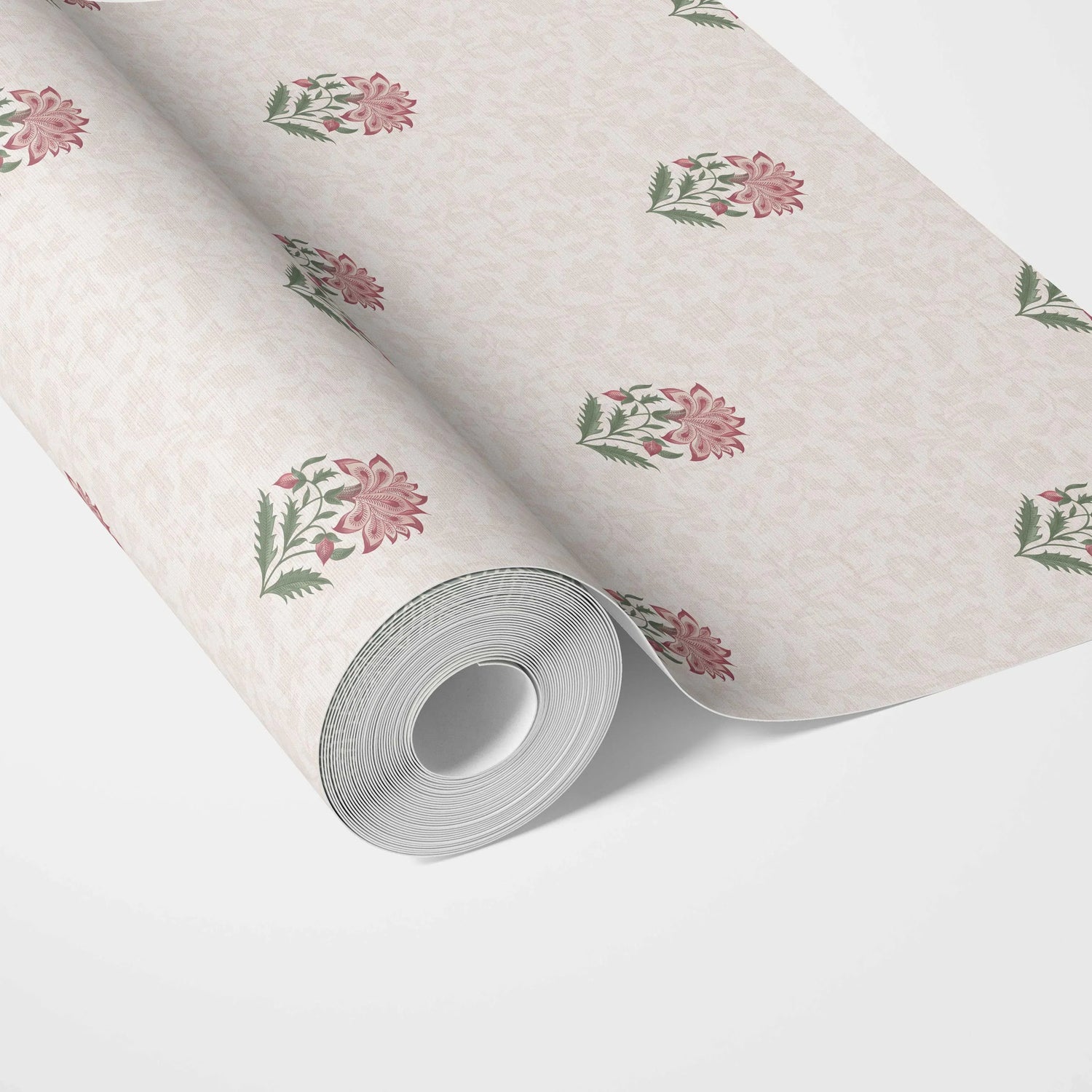 Botanical/ Floral Block Print Kitchen Wallpaper (Pink/ Green/ Taupe)