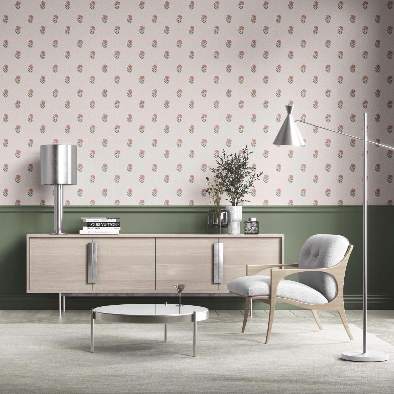 Botanical/ Floral Block Print Bathroom Wallpaper (Pink/ Green/ Taupe)