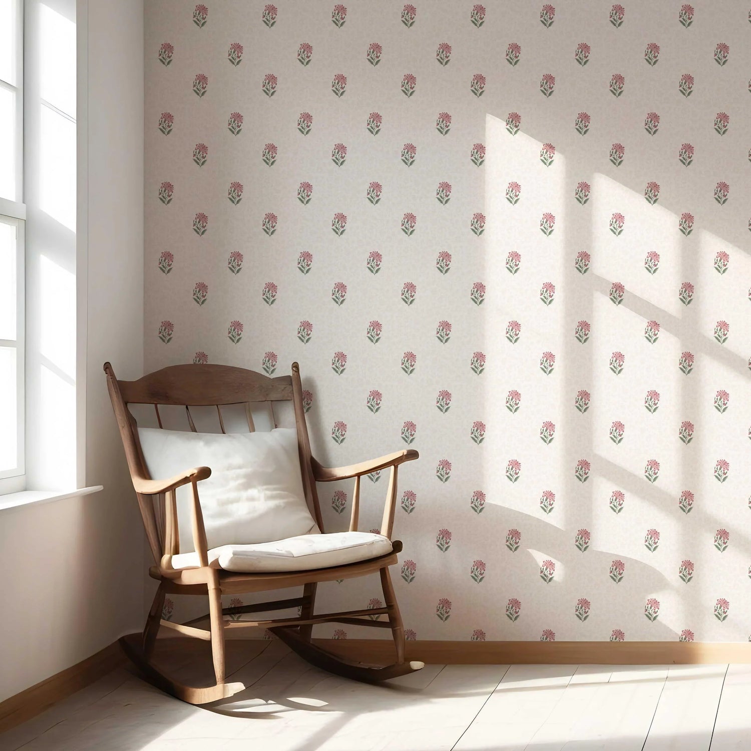 Botanical/ Floral Block Print Nursery Wallpaper (Pink/ Green/ Taupe)
