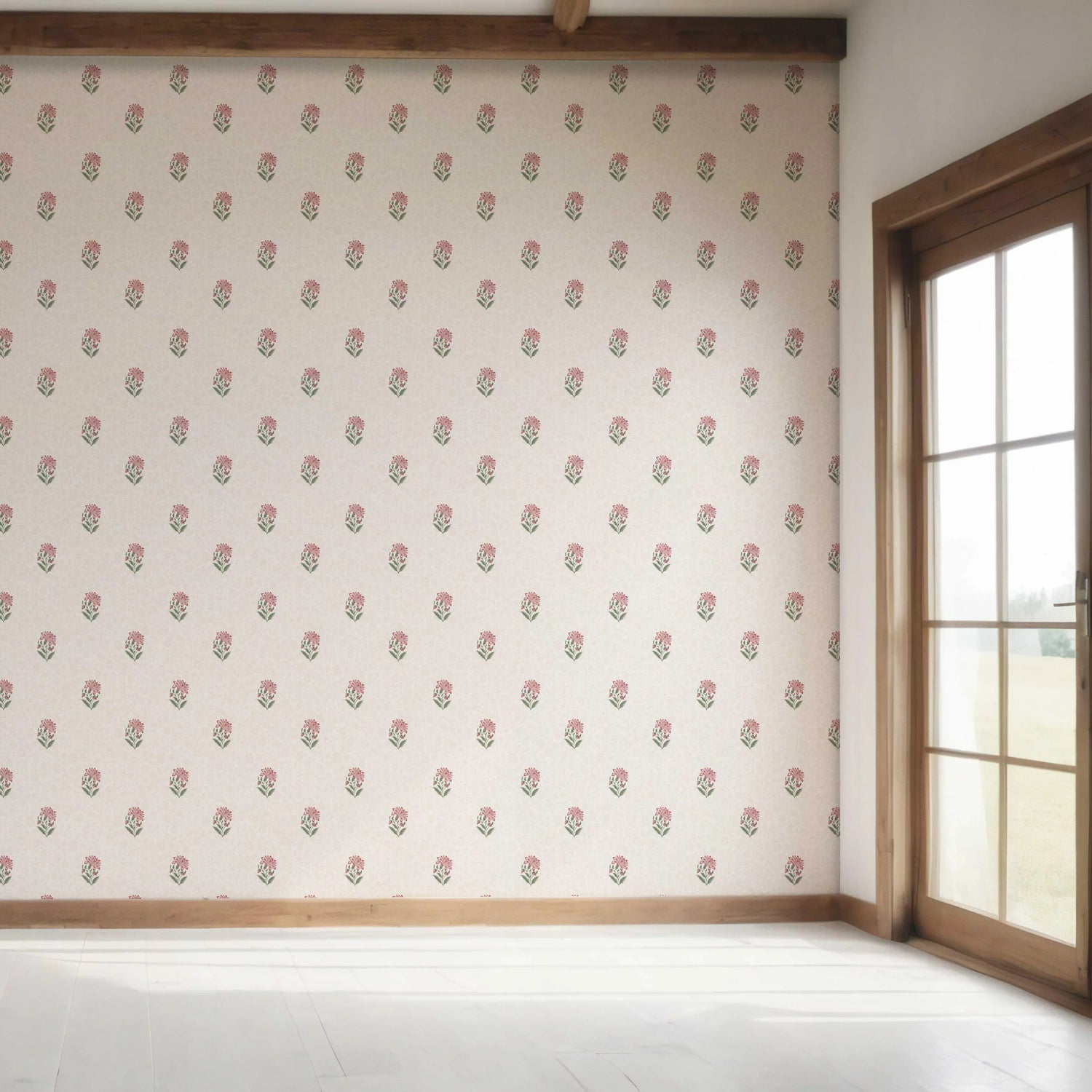 Botanical/ Floral Block Print Bedroom Wallpaper (Pink/ Green/ Taupe)