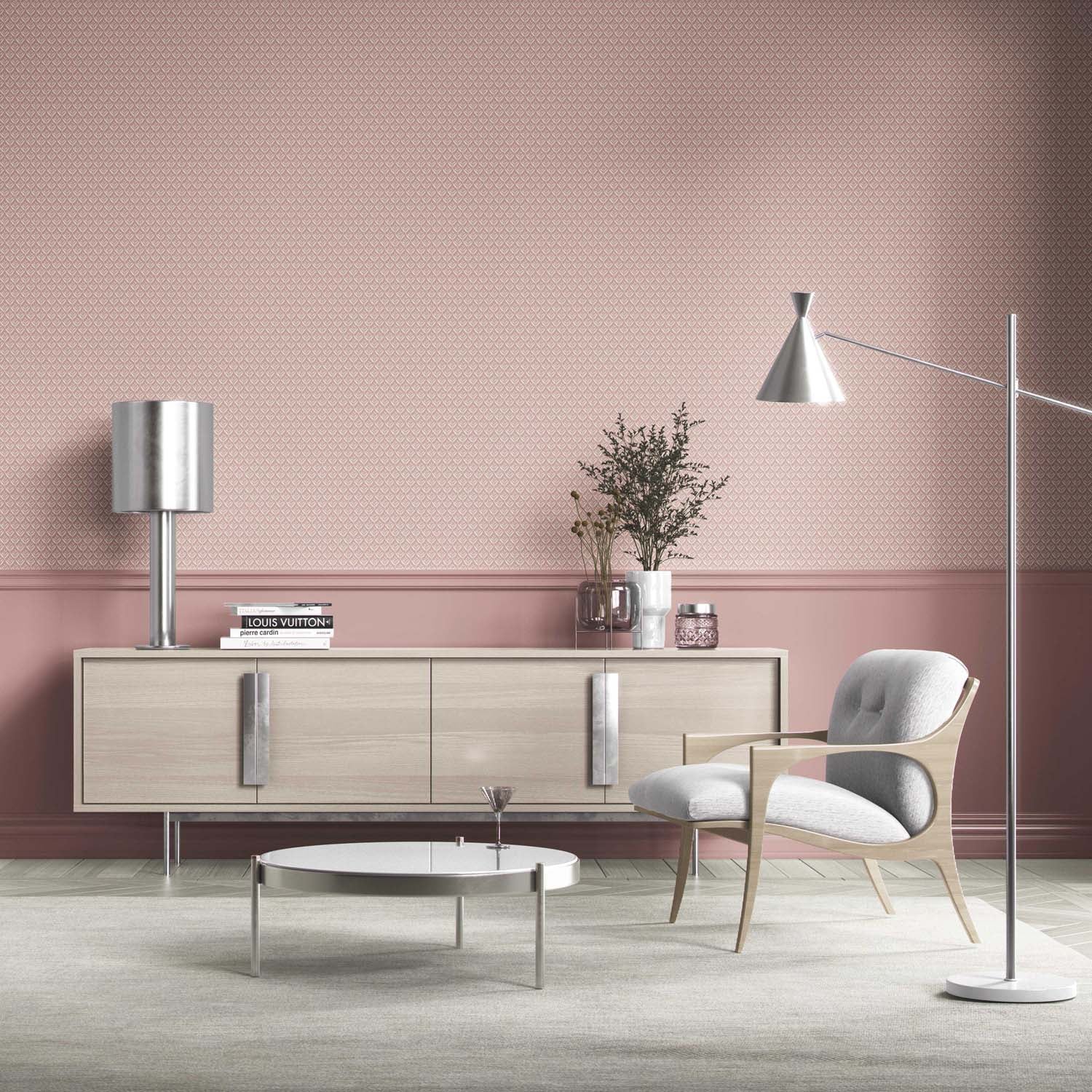 Small Floral Lattice/ Leaf Textured Bathroom Wallpaper (Dusty Pink/ Off-White)
