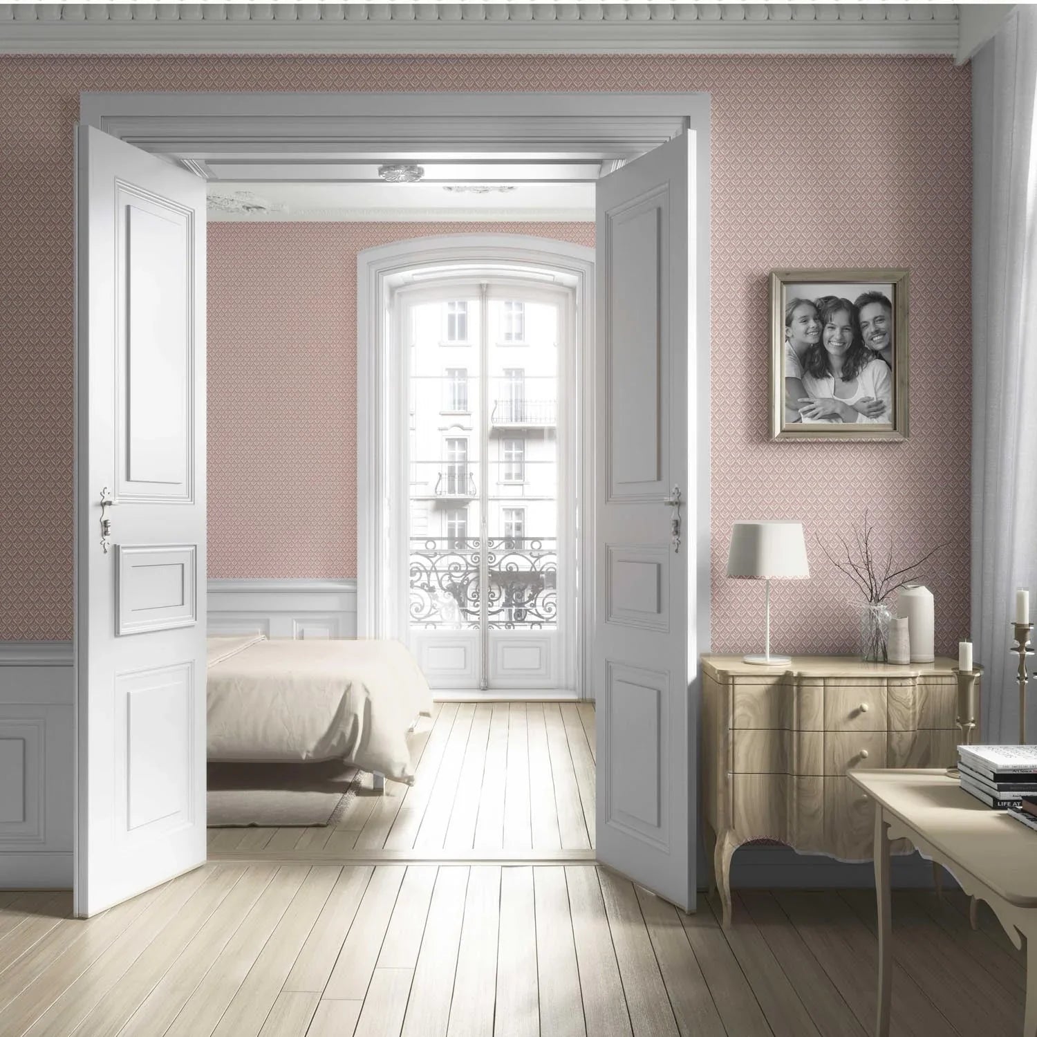 Small Floral Lattice/ Leaf Textured Living Room Wallpaper (Dusty Pink/ Off-White)