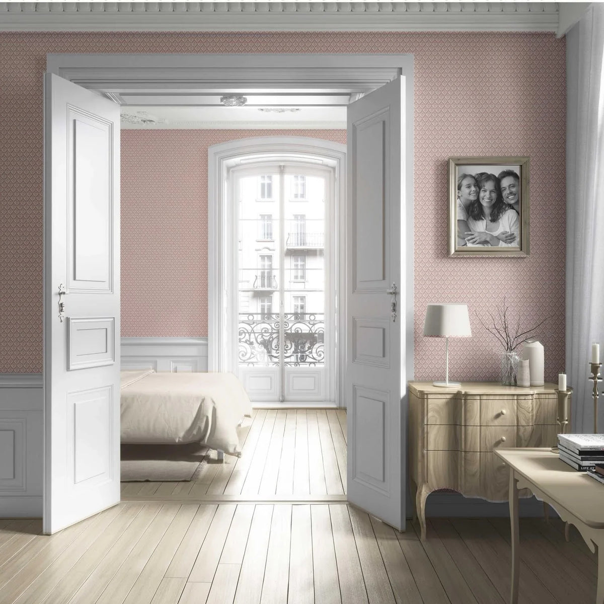Small Floral Lattice/ Leaf Textured Living Room Wallpaper (Dusty Pink/ Off-White)