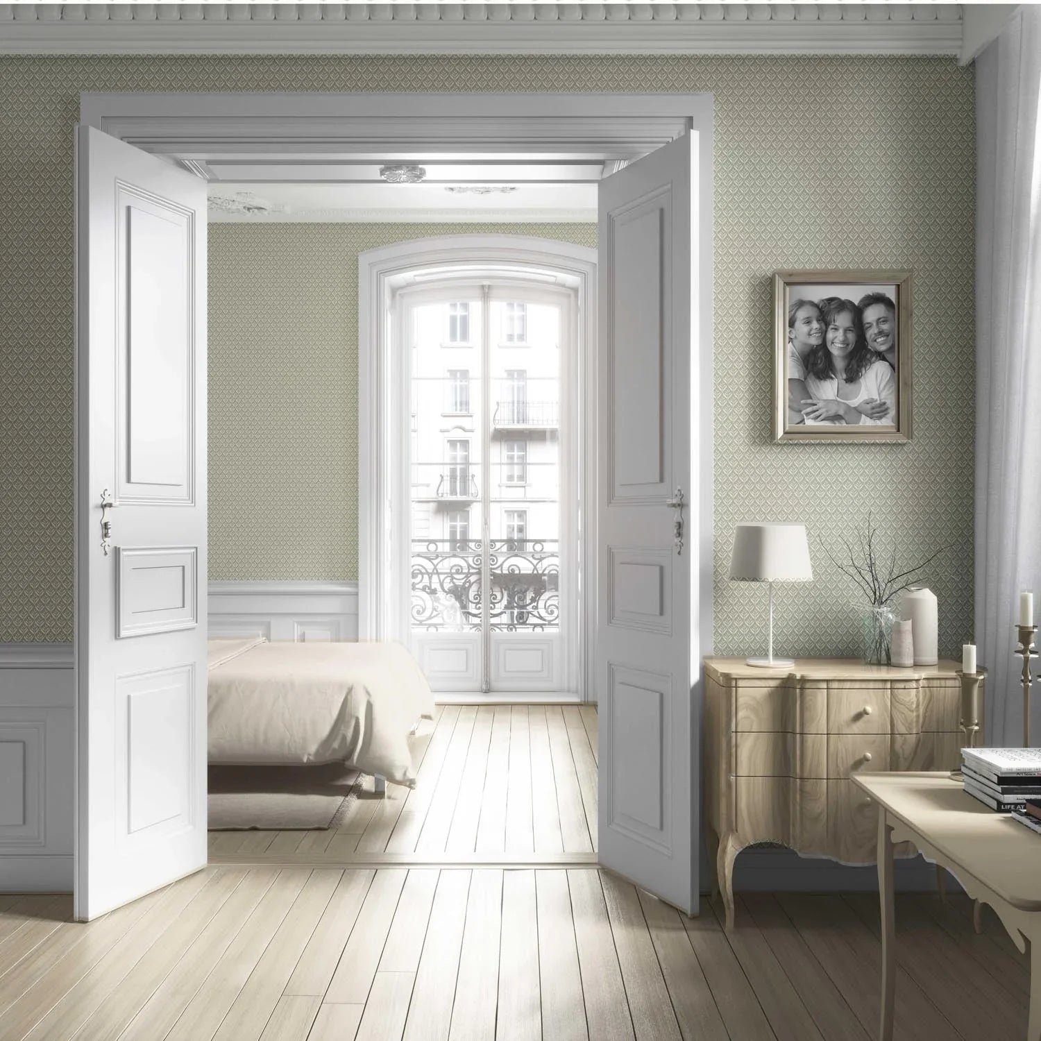 Small Floral Lattice/ Leaf Textured Living Room Wallpaper (Olive Green/ Off-White)