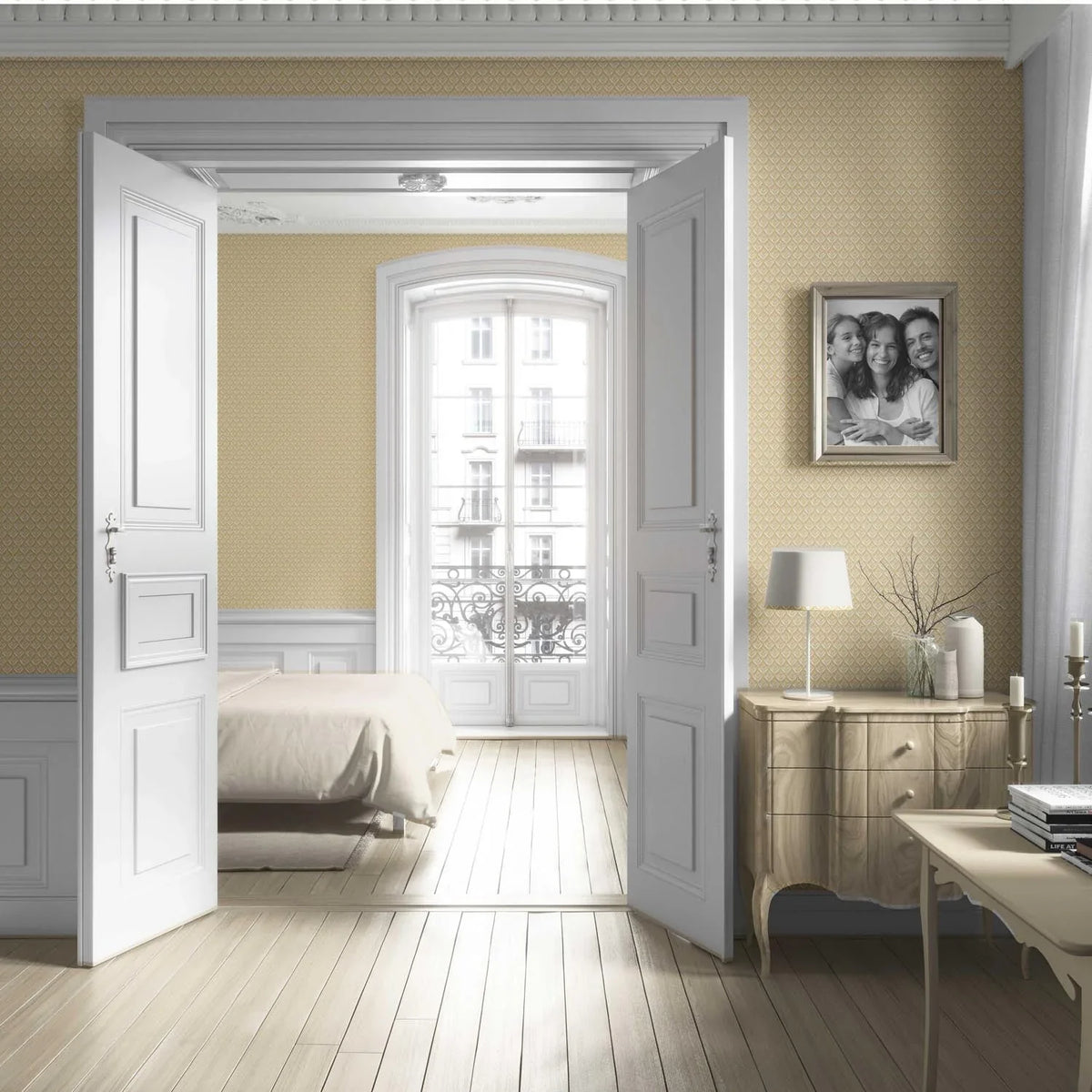 Small Floral Lattice/ Leaf Textured Living Room Wallpaper (Yellow/ Off-White)