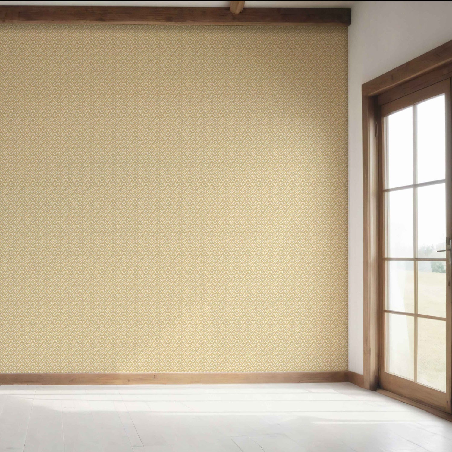 Small Floral Lattice/ Leaf Textured Bedroom Wallpaper (Yellow/ Off-White)
